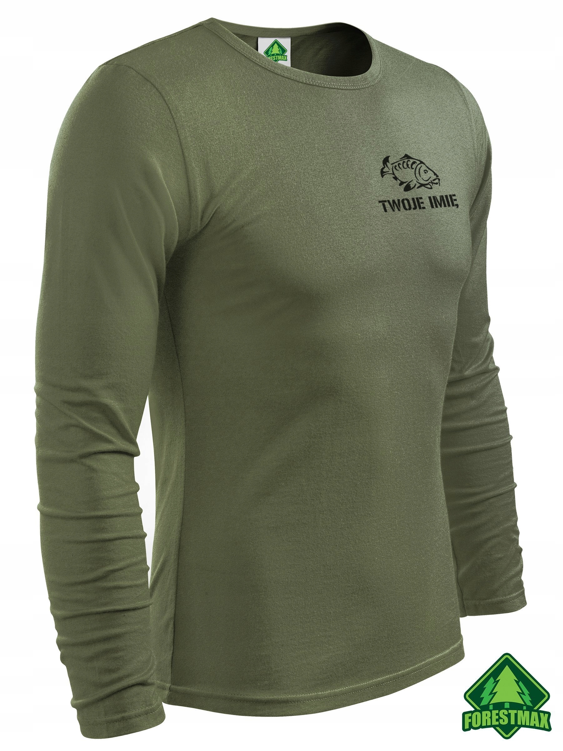 Bawełniana koszulka na ryby khaki z Twoim imieniem Rękaw długi rękaw