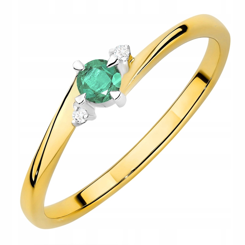 Złoty Pierścionek pr. 585 ze Szmaragdem 0,15ct i Brylanty 0,017ct Grawer