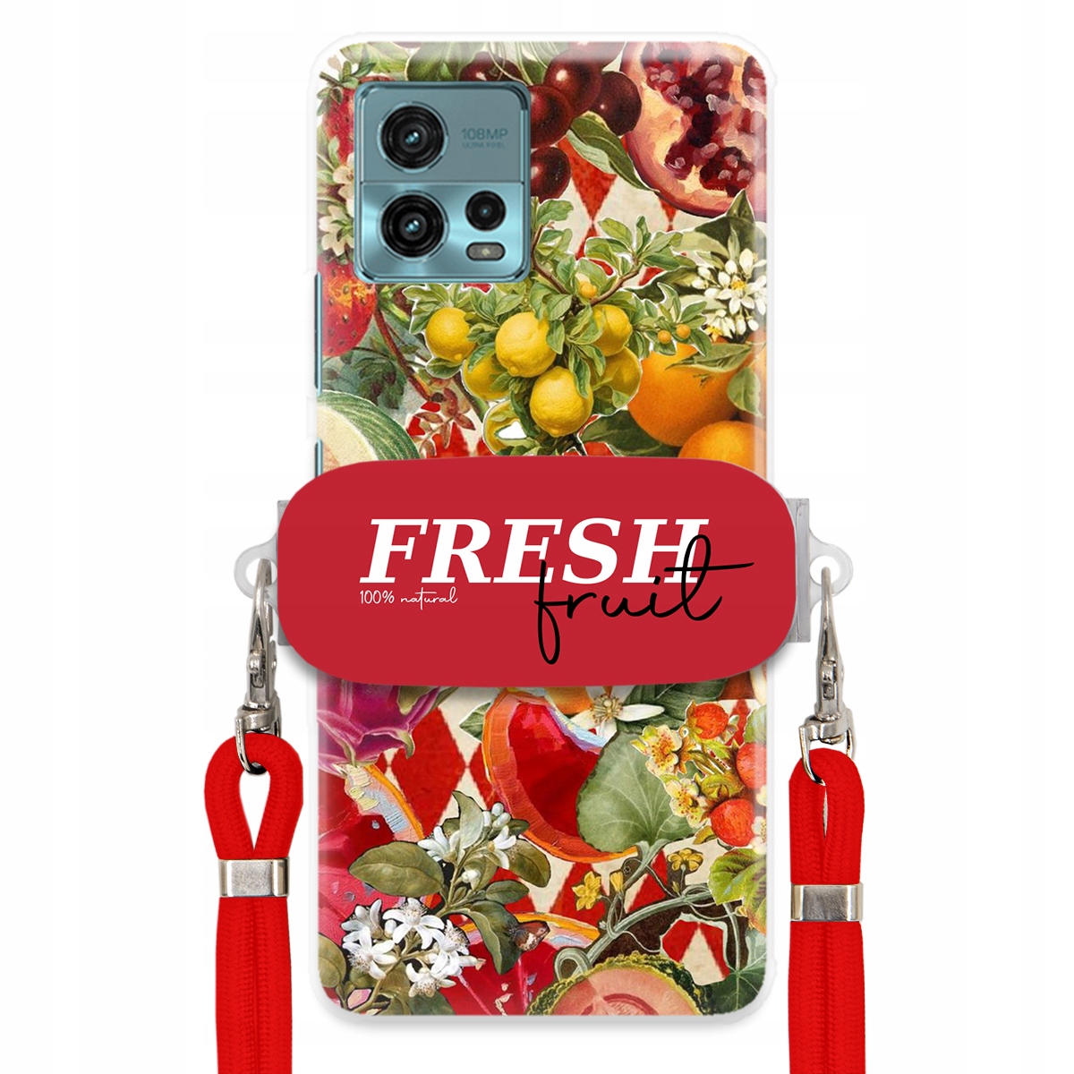 Puzdro pre Motorola G72 Červené Crossbody vodítko držiak Fresh Fruit Ovocné