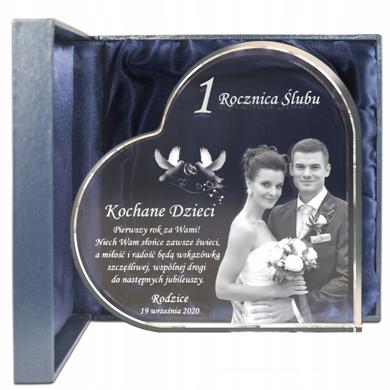 Kryształowa statuetka serca na Rocznicę Ślubu ze zdjęciem