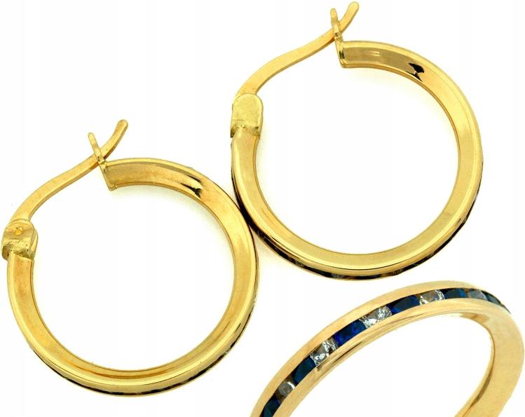 Náušnice zlaté kruhy 585 s modrými zirkony 17 mm, elegantní vzor 14kt