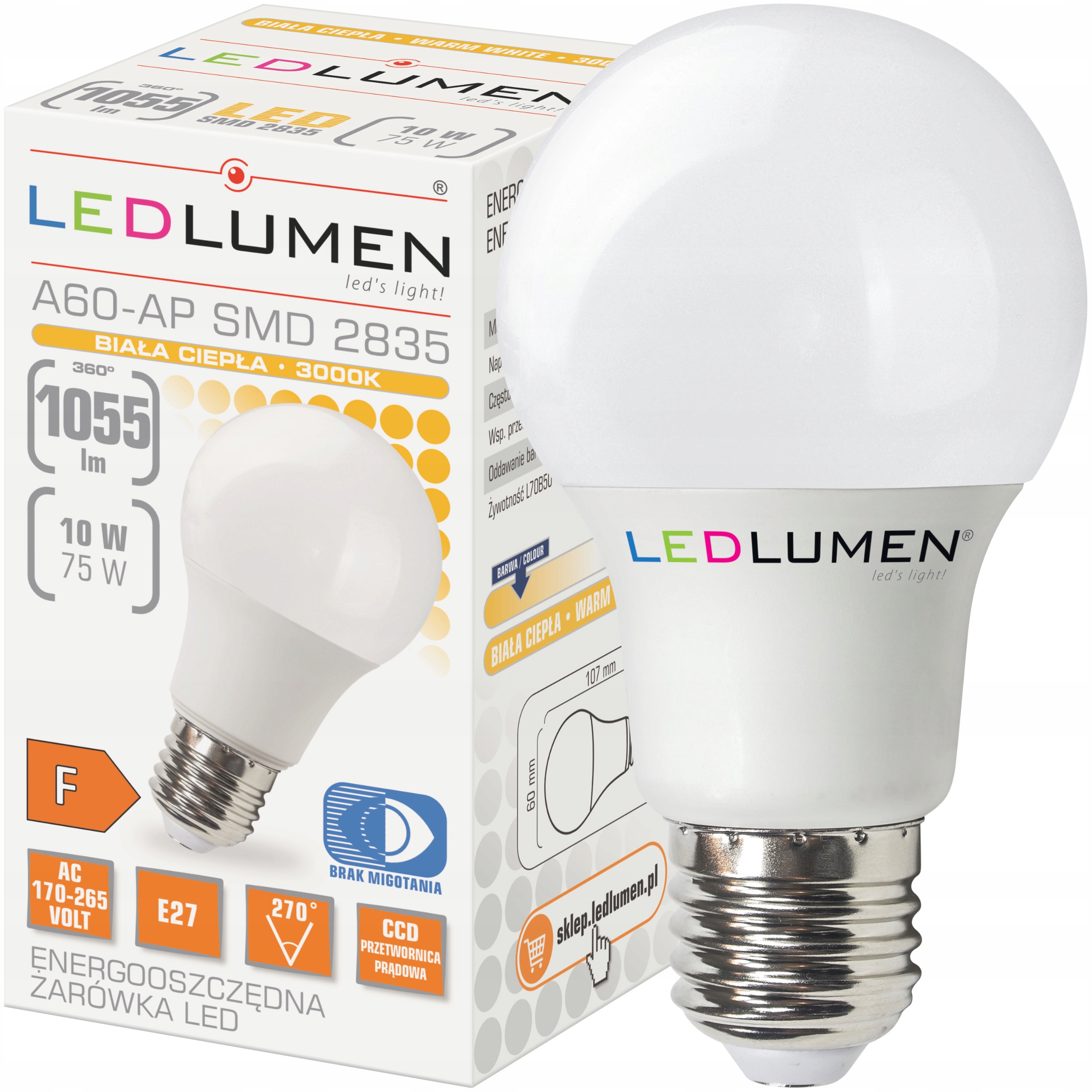 

Żarówka Led E27 A60 10W=75W 1055lm CCD Ledlumen