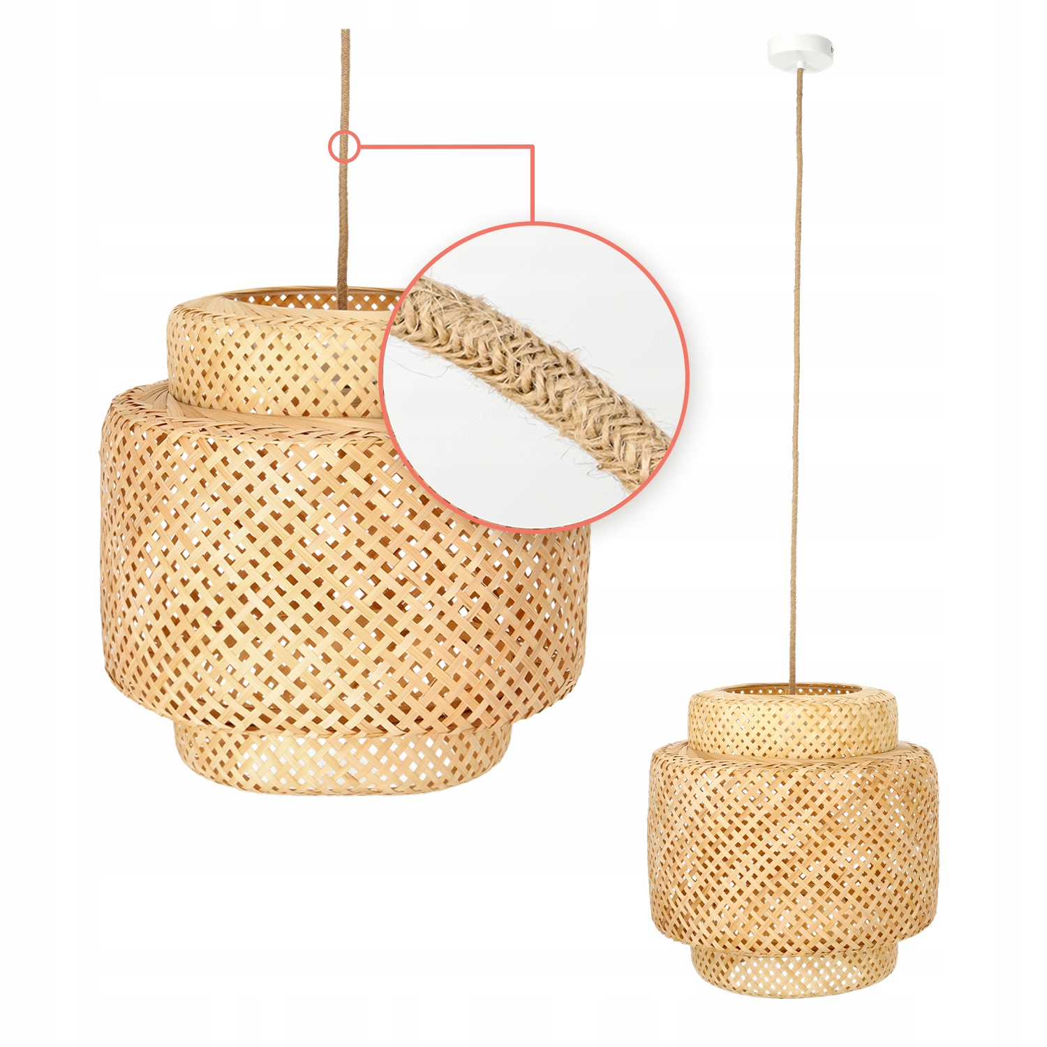 Veľká závesná lampa Boho s pleteným tienidlom 40 cm, biela, podhľadová, E27