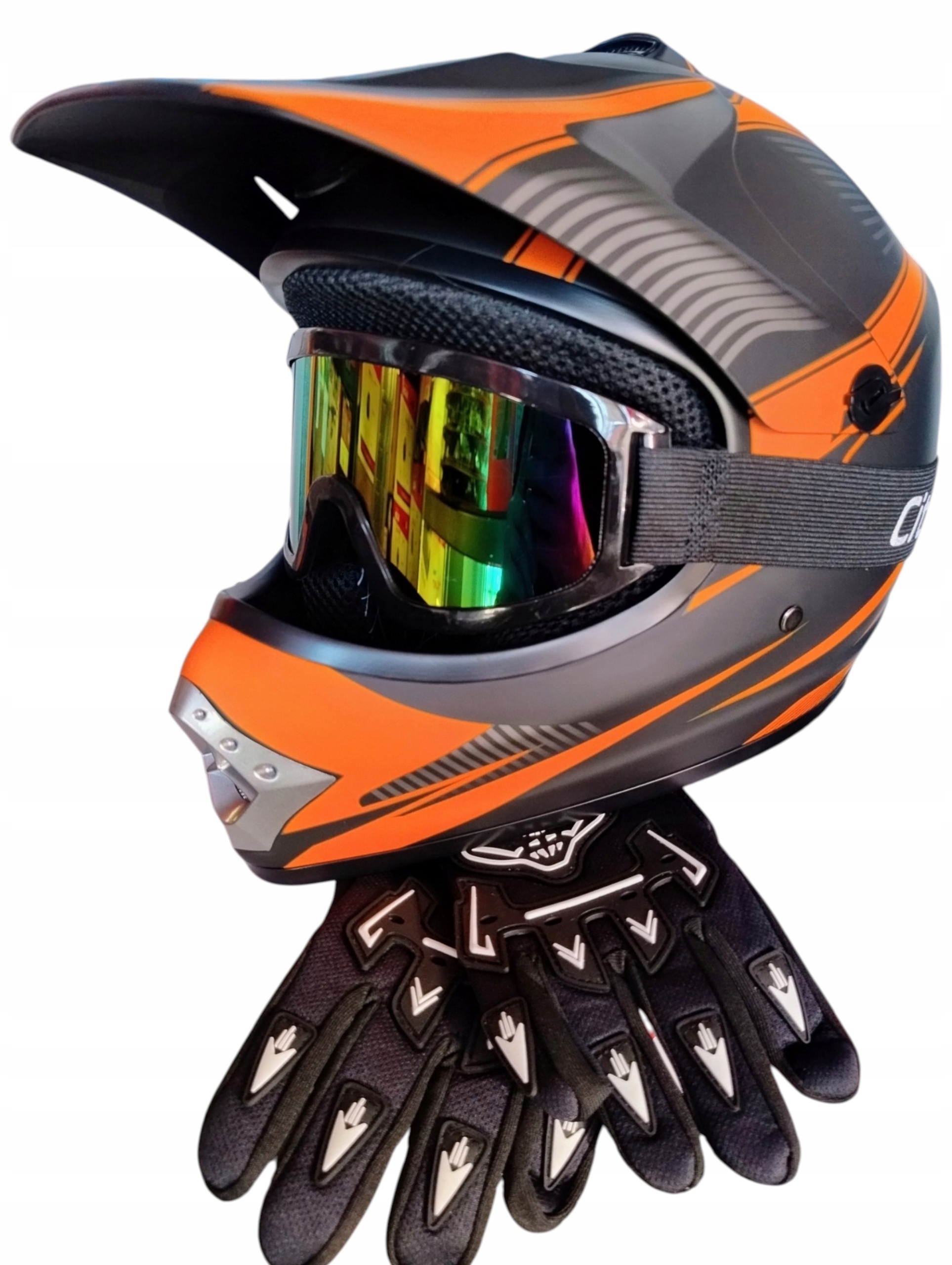 Kask Crossowy M dziecięcy Gogle Rękawice Quad Atv Enduro Bmx Mtb Hulajnoga