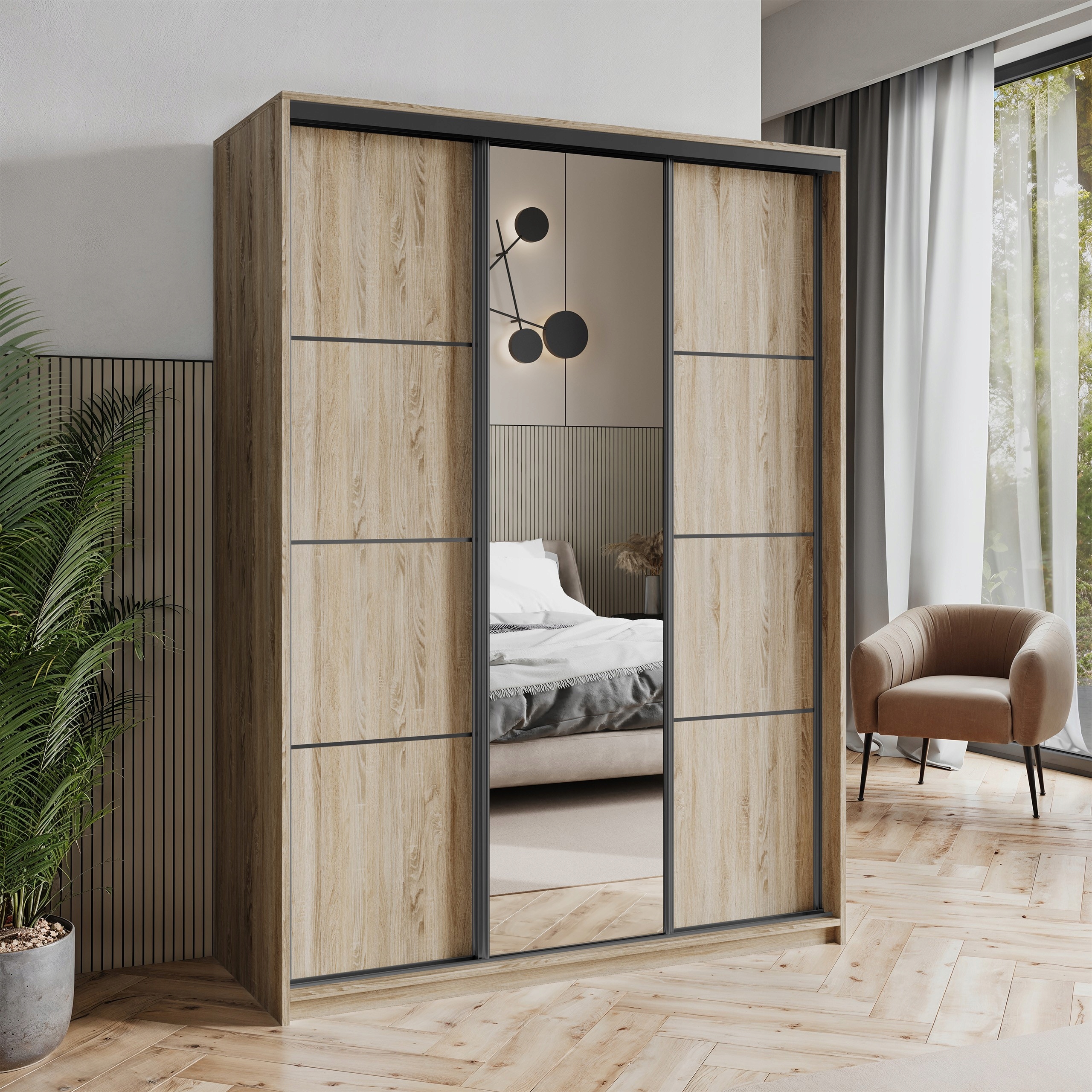 Skříň Třídveřová Varo 150 cm se zrcadlem Zásuvky Sonoma Černá