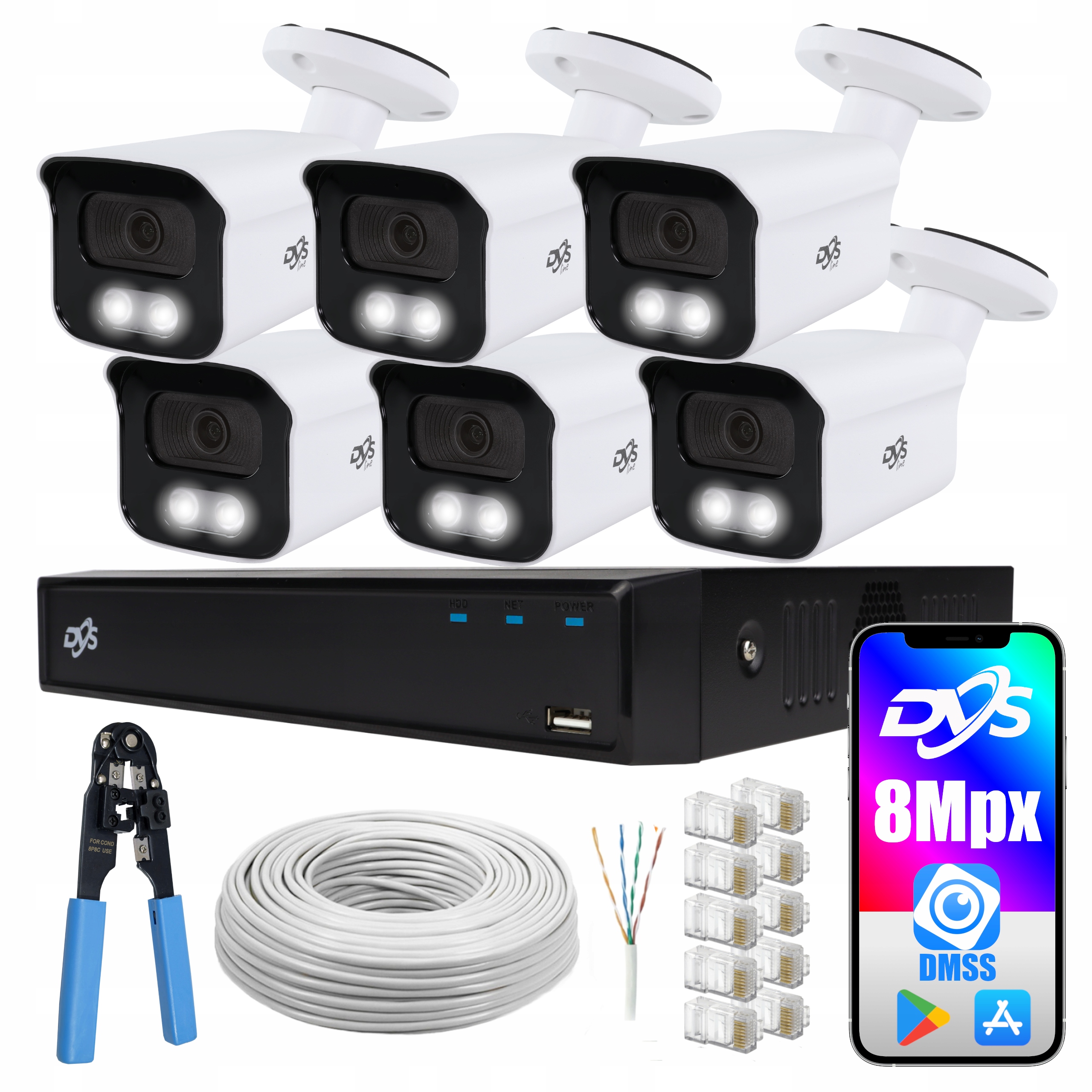 ZESTAW DO MONITORINGU 6 ZEWNĘTRZNYCH KAMER IP FULL COLOR 8Mpx ULTRA HD DVS