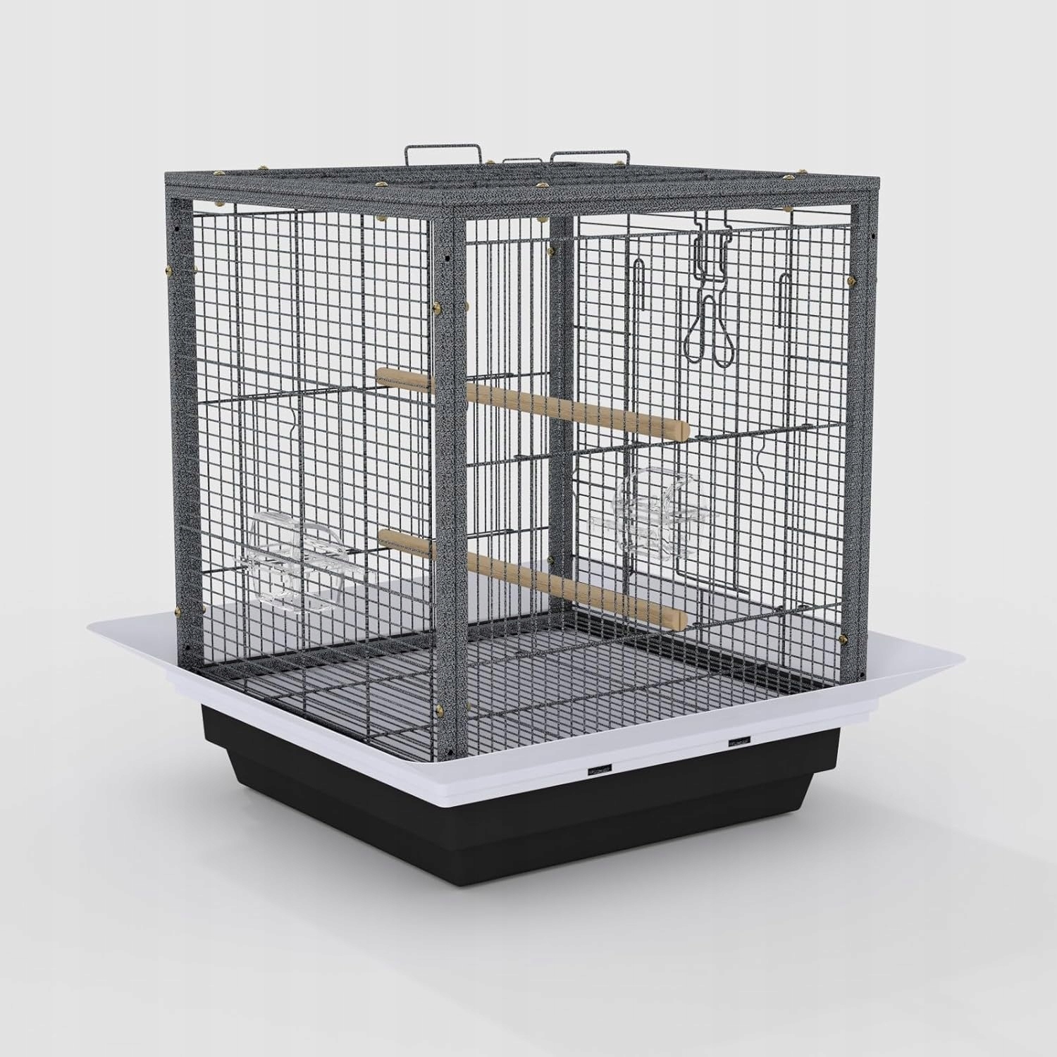 Levně Kovová klec pro ptáky s držadlem 45x45x60 cm s výletovými dvířky a podnosem, černá