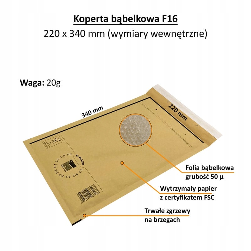 Koperty bąbelkowe F16 350x240 E-Pack BRĄZOWE duże HURT x100 Marka E-Pack