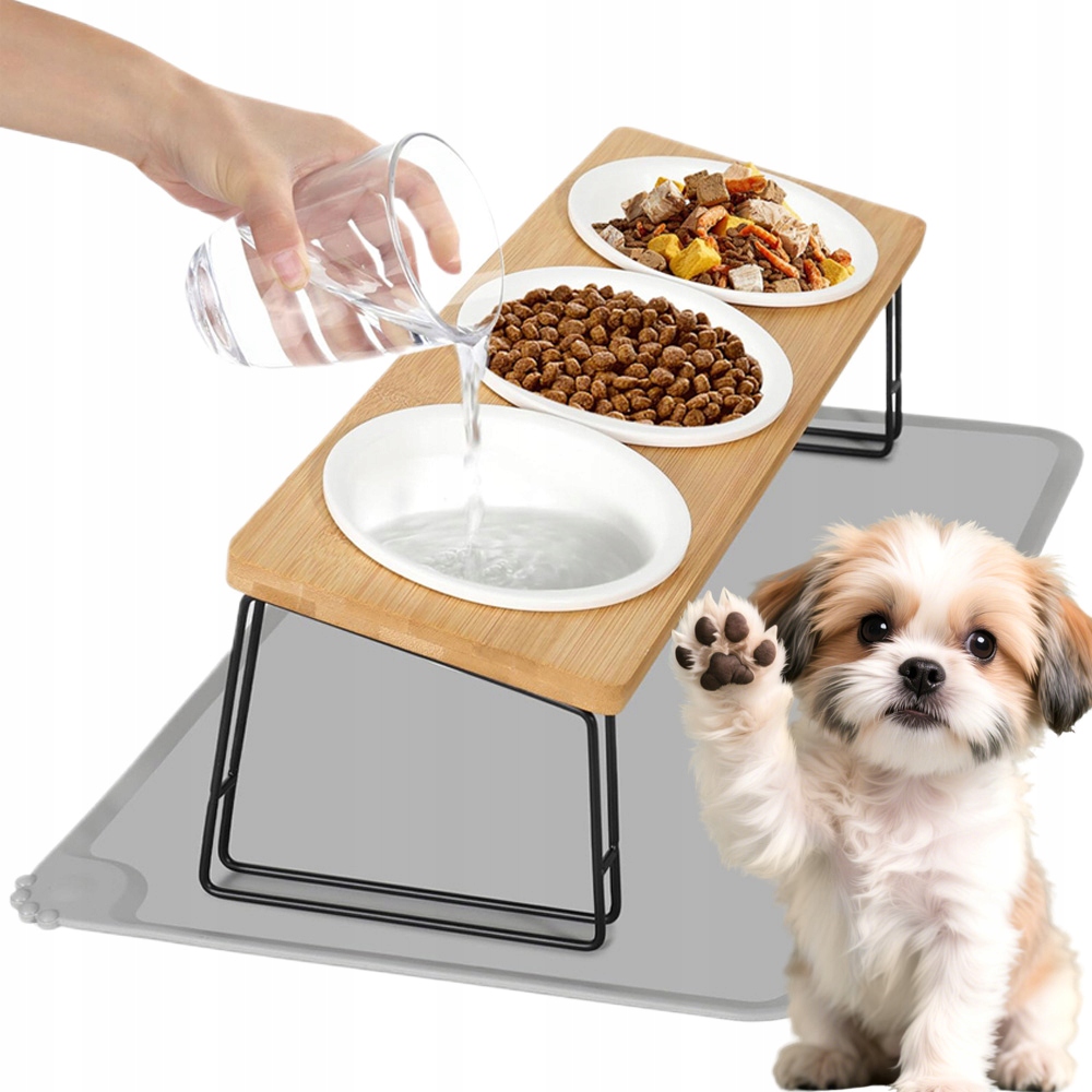 Levně Sada 3 X Keramických Misek Na Krmení Z Bambusu S Vyvýšenou Poličkou 15°