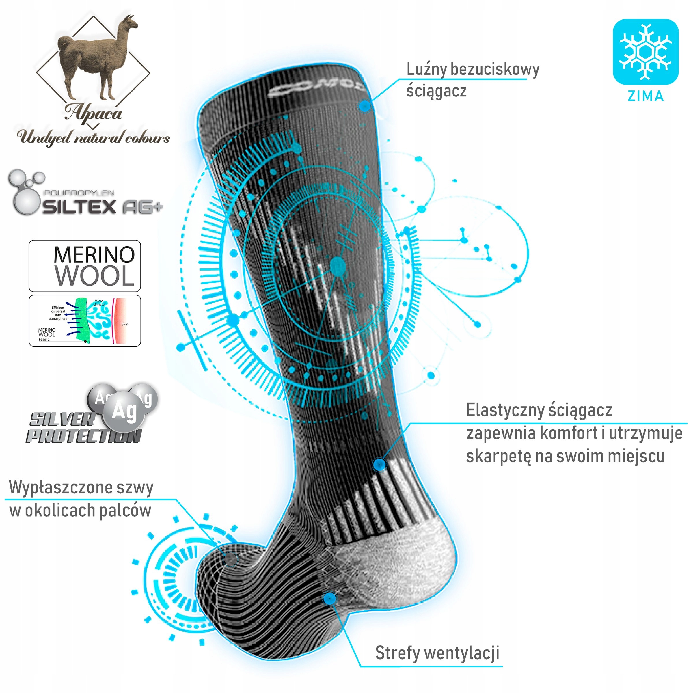 Specjalistyczne wełniane skarpety zimowe merino Rozmiar 39-42