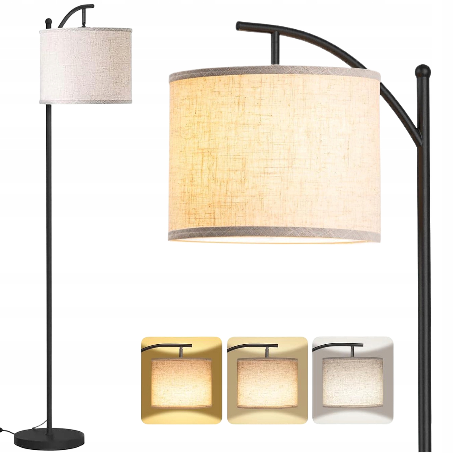 Moderní Stojací Lampa 3 Barvy Světla Lněné Stínidlo Nožní Spínač