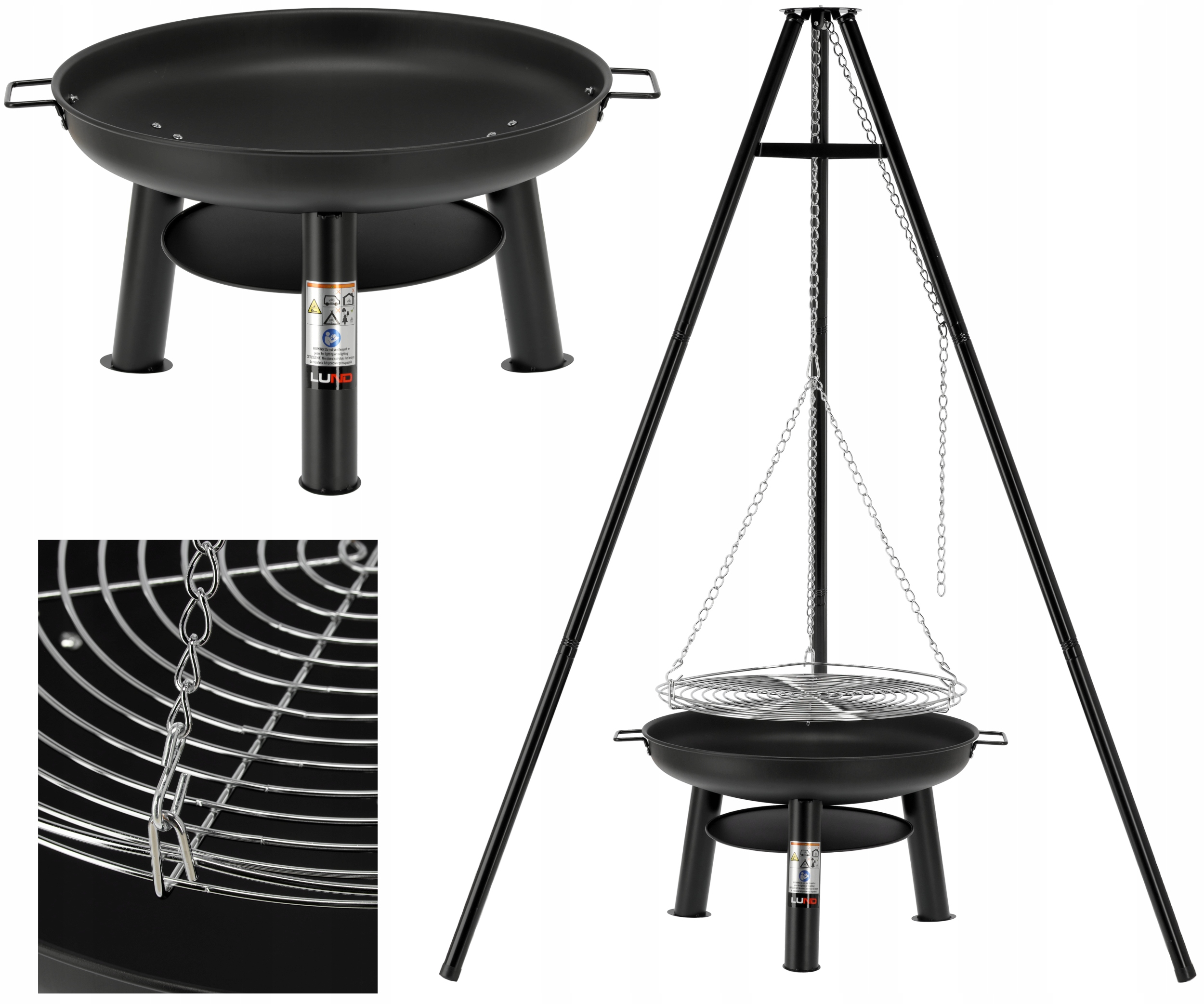 Grill Wiszący Stalowe Palenisko Ruszt 61 CM Ogniskowy Trójnóg Lund