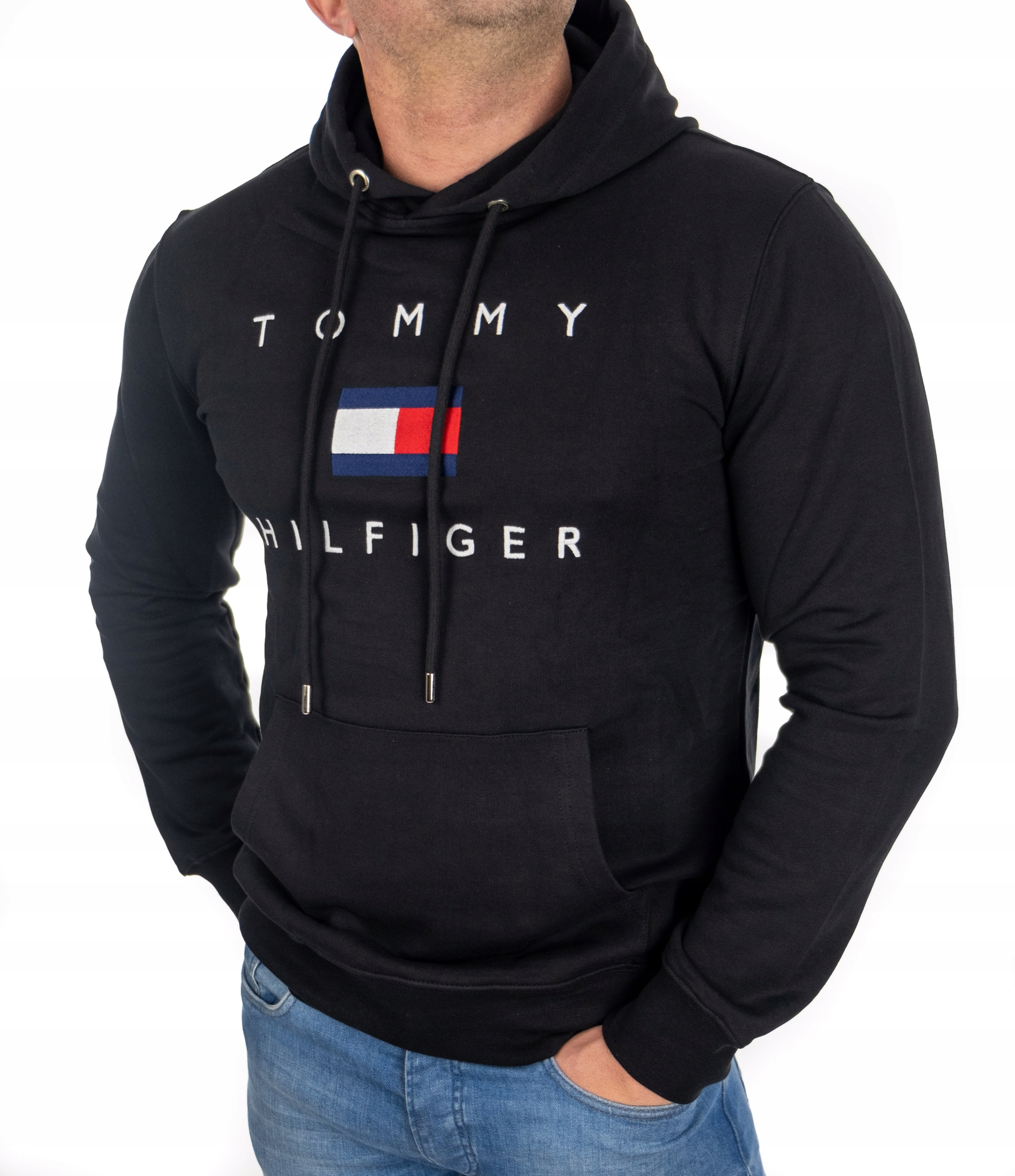 Bluza Tommy Hilfiger Męska Z Kapturem Duże Haftowane Logo Czarna Roz. L