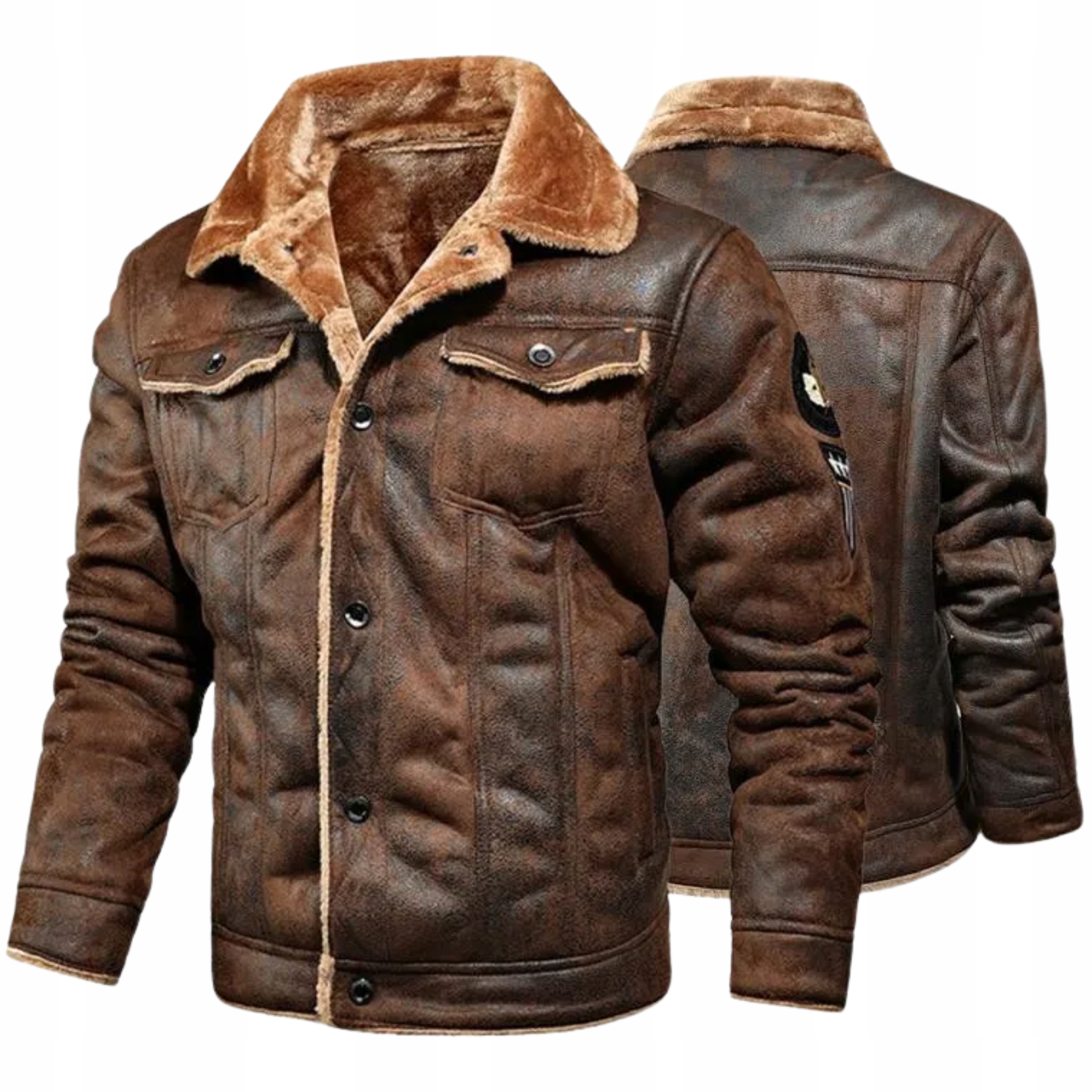 Męska kurtka skórzana z kożuszkiem ocieplana wiosenna jesienna brązowa