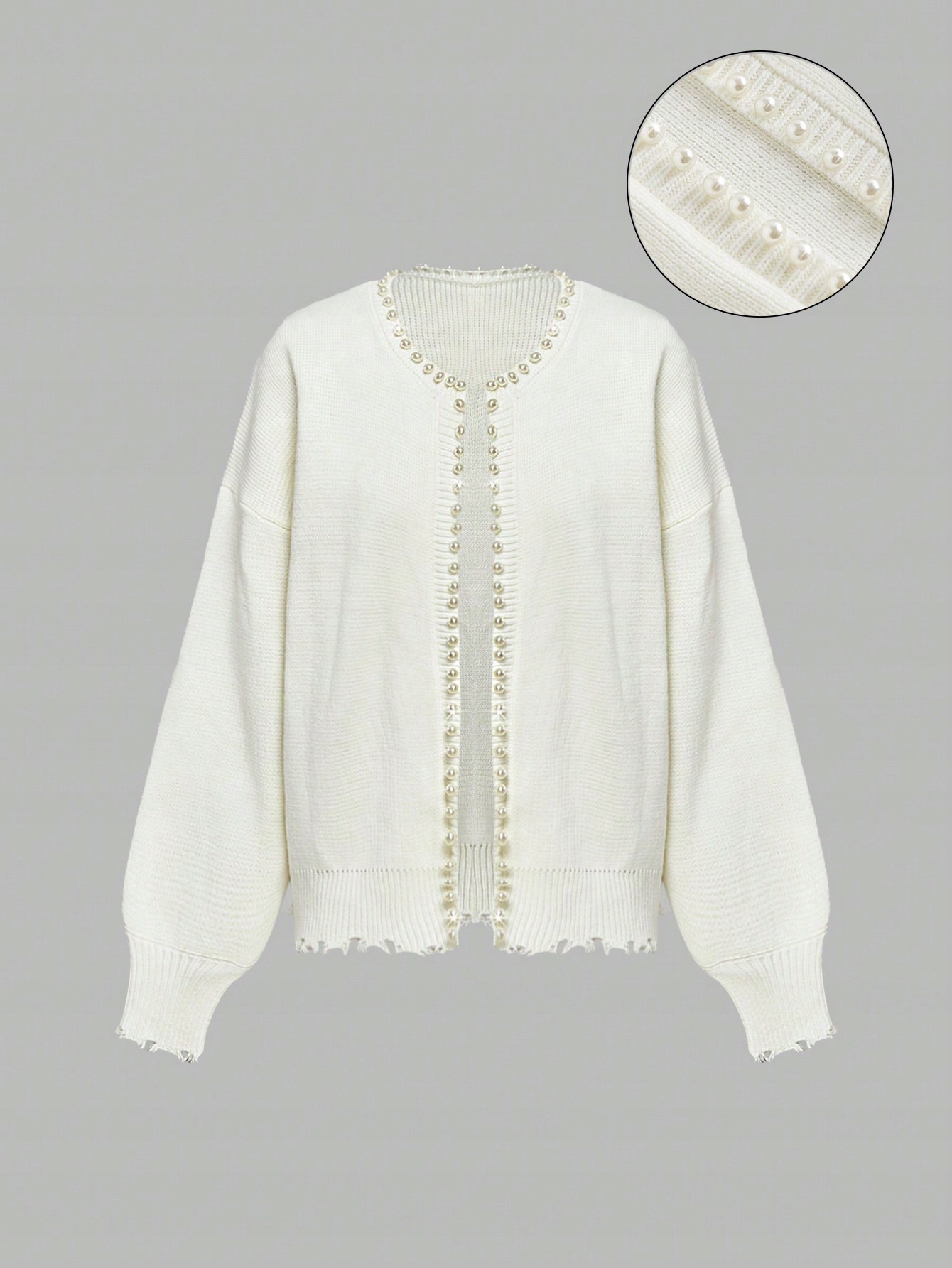 Kardigan Zdobený Perlami S Povrchovou Úpravou Krémový Shein, Velikost 38