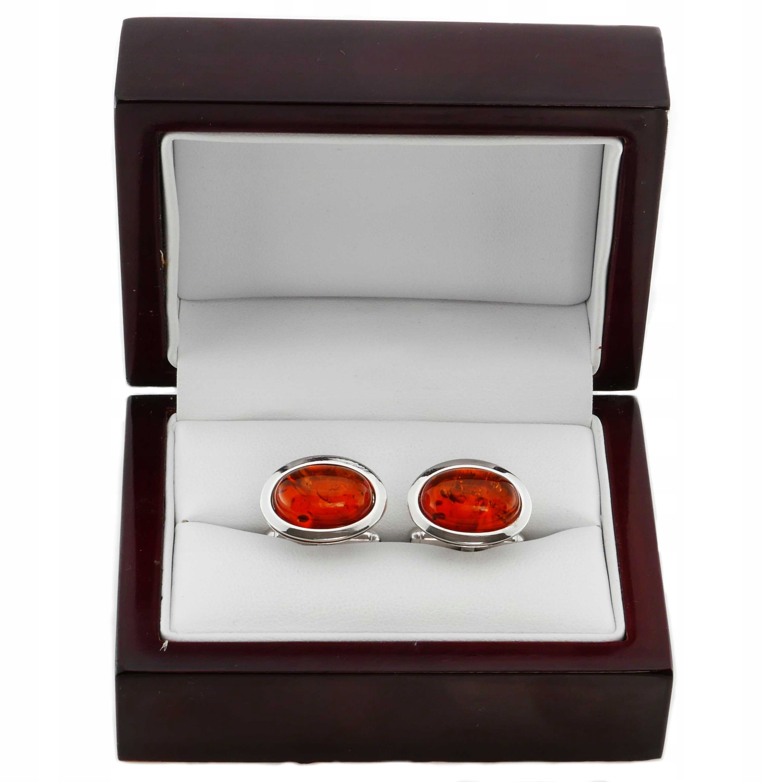 SREBRNE SPINKI DO MANKIETÓW Z BURSZTYNEM PRÓBA 925 Marka Bomar