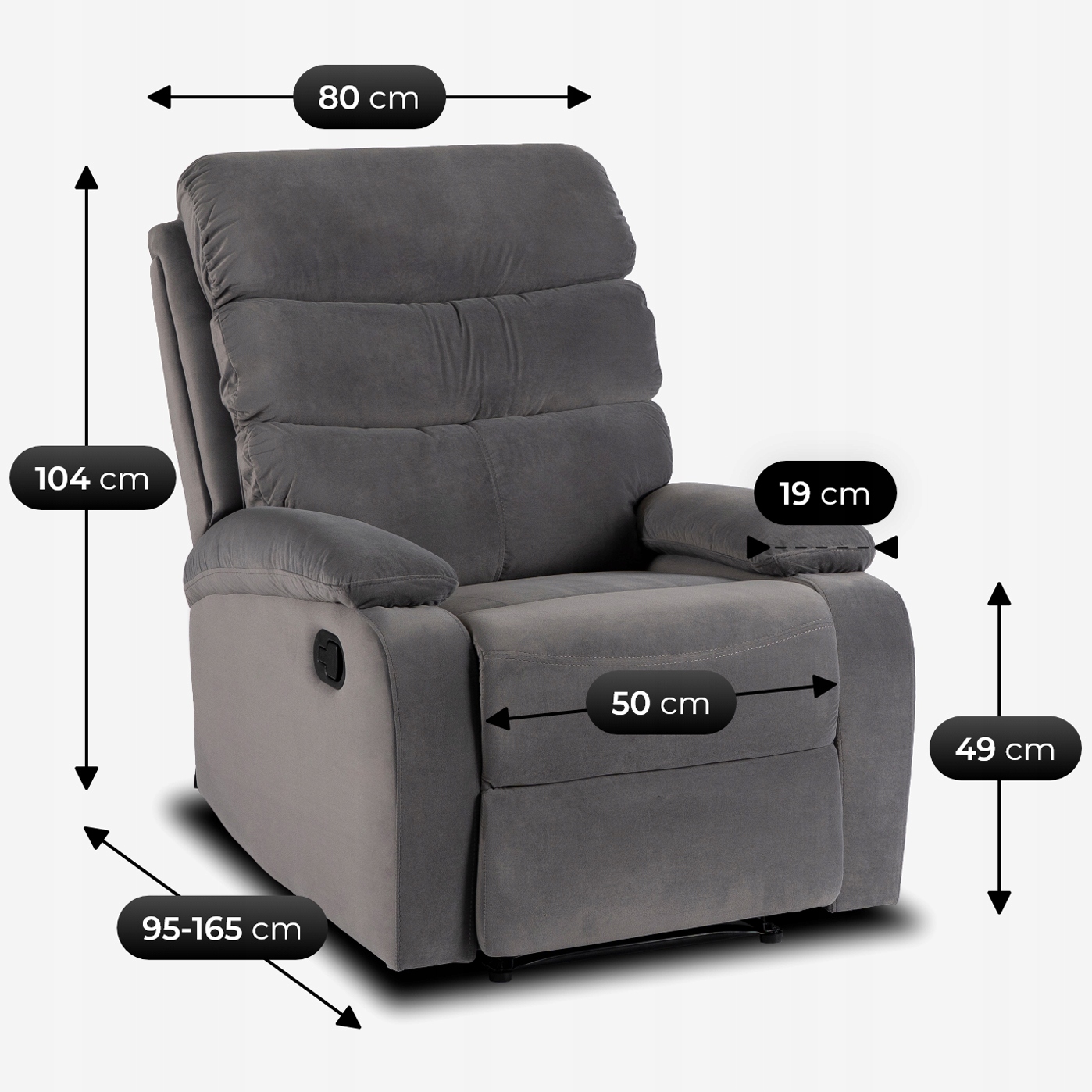 Fotel Rozkładany Wypoczynkowy z Podnóżkiem Do Salonu Welurowy Szary KOBE Głębokość siedziska 53 cm