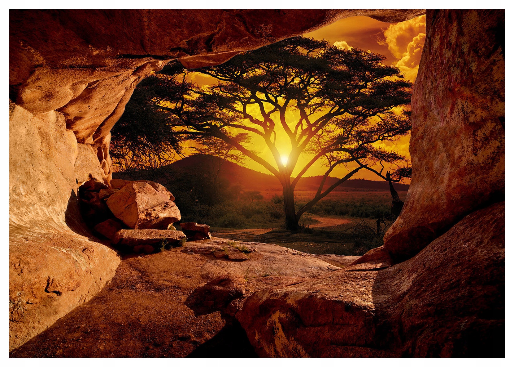 Fototapeta Západ slunce Afrika Panorama Skály Stromy 416x254 lepidlo