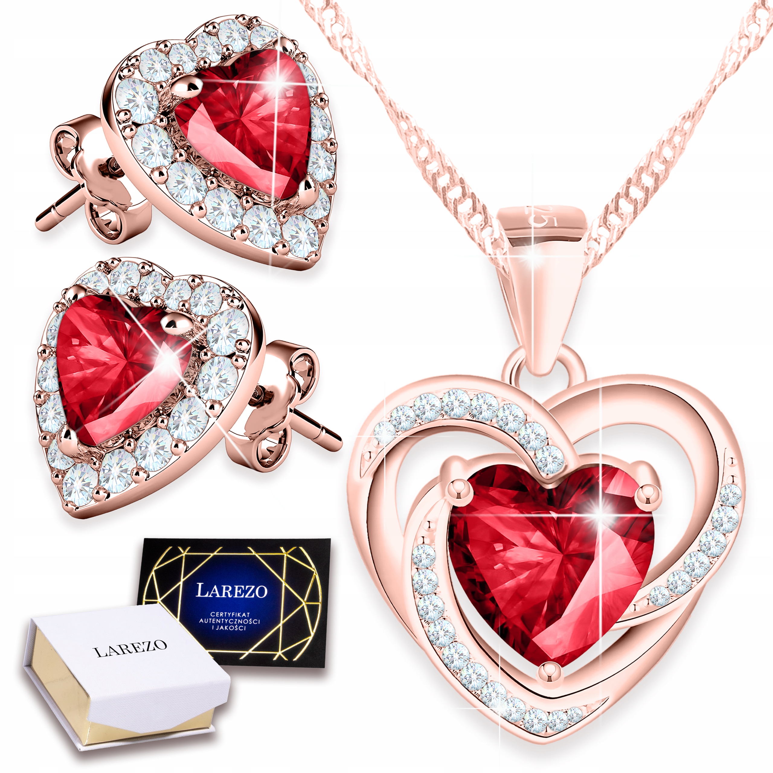 Sada šperků Pozlacený náhrdelník a Náušnice Červené srdce Srdíčka