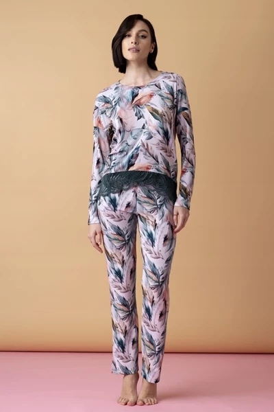 Sonnet dlouhé pyžamo s krajkou – potisk pera S