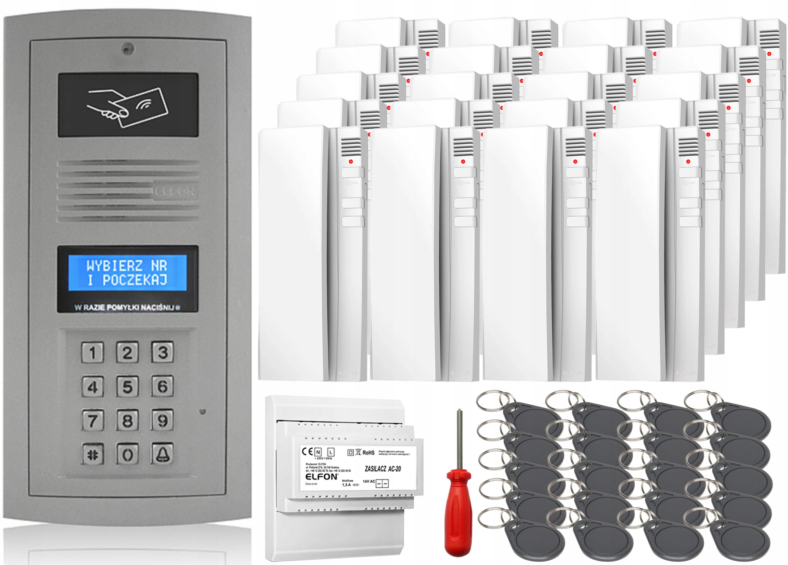 Domofon Sada 20x Slúchadlá Elfon OP-255R-R Digitálny Nástenný Biely Kľúčenka