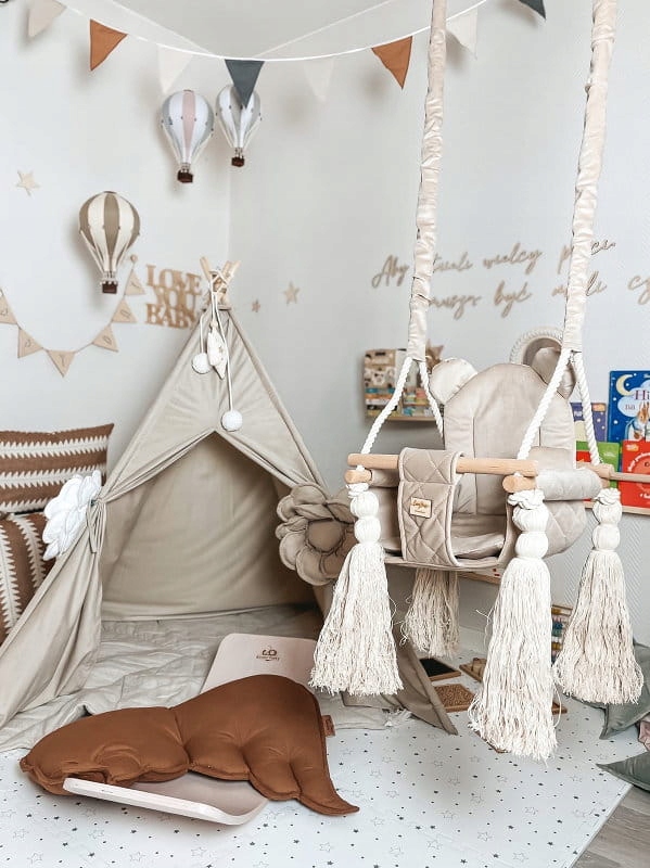BABYSTEPS Huśtawka domowa Velvet Swing Miś Beige + pasy Model VelvetSwing