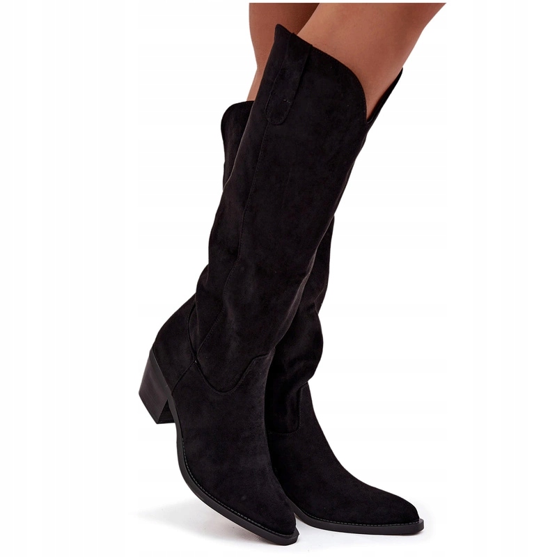 Kozačky Kovbojské Boty Dámské Eko Semišové S Nazouvacím Podpatkem Černé 36