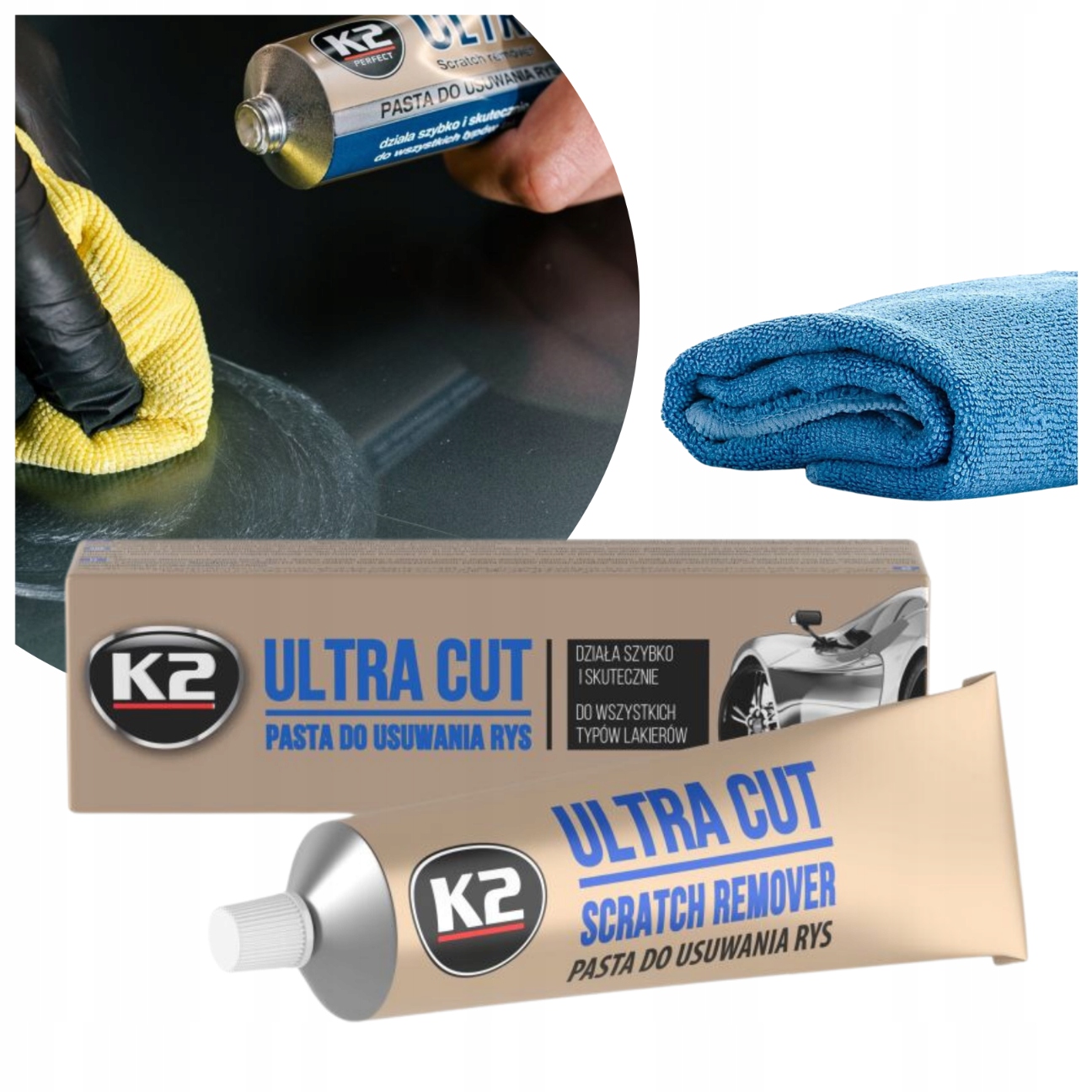 Zestaw do Polerowania Lakieru: Pasta Polerska K2 Ultra Cut 100g Mikrofibra