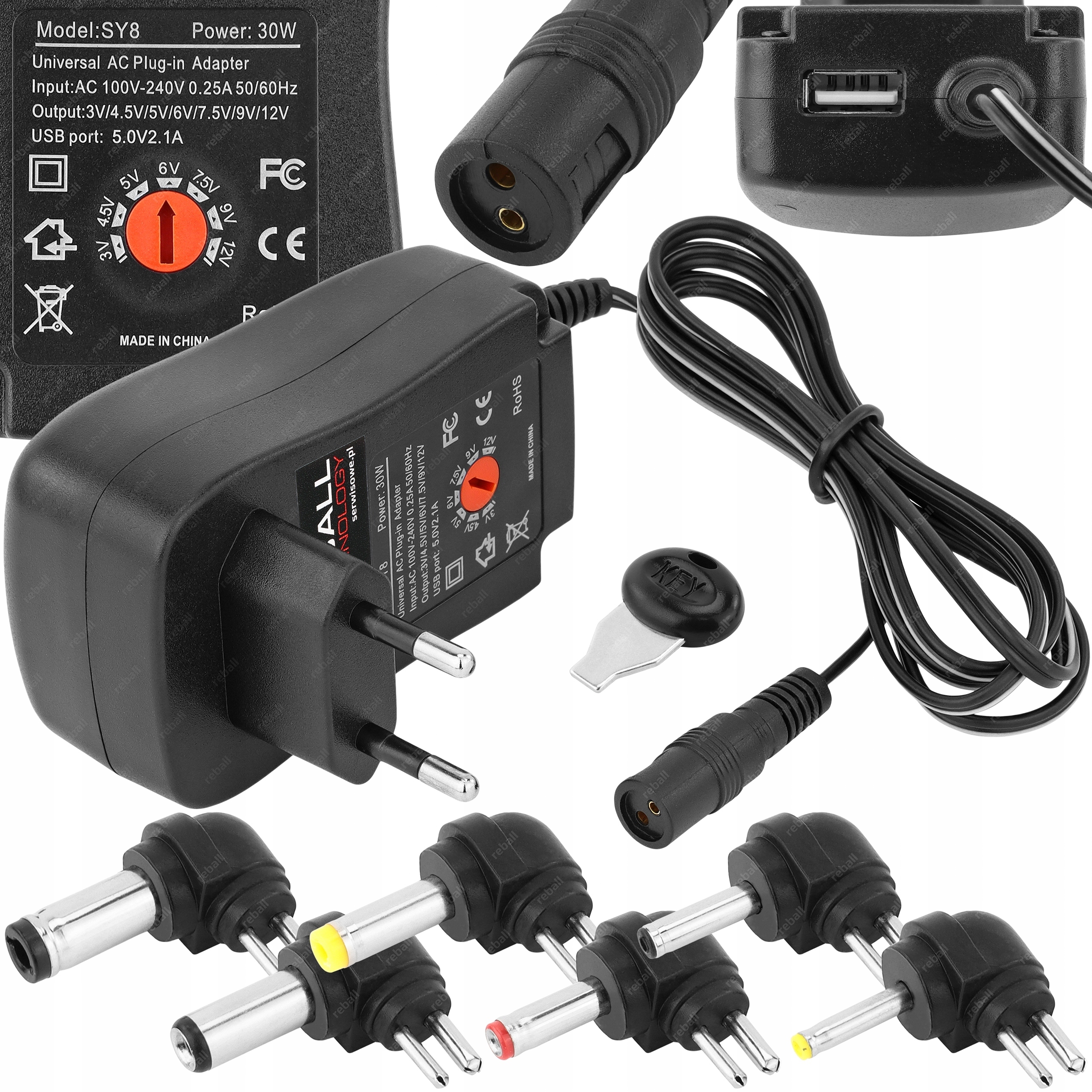 Zasilacz Stabilizowany Uniwersalny 3V 4,5V 5V 6V 7,5V 9V 12V 30W 2,5A +usb