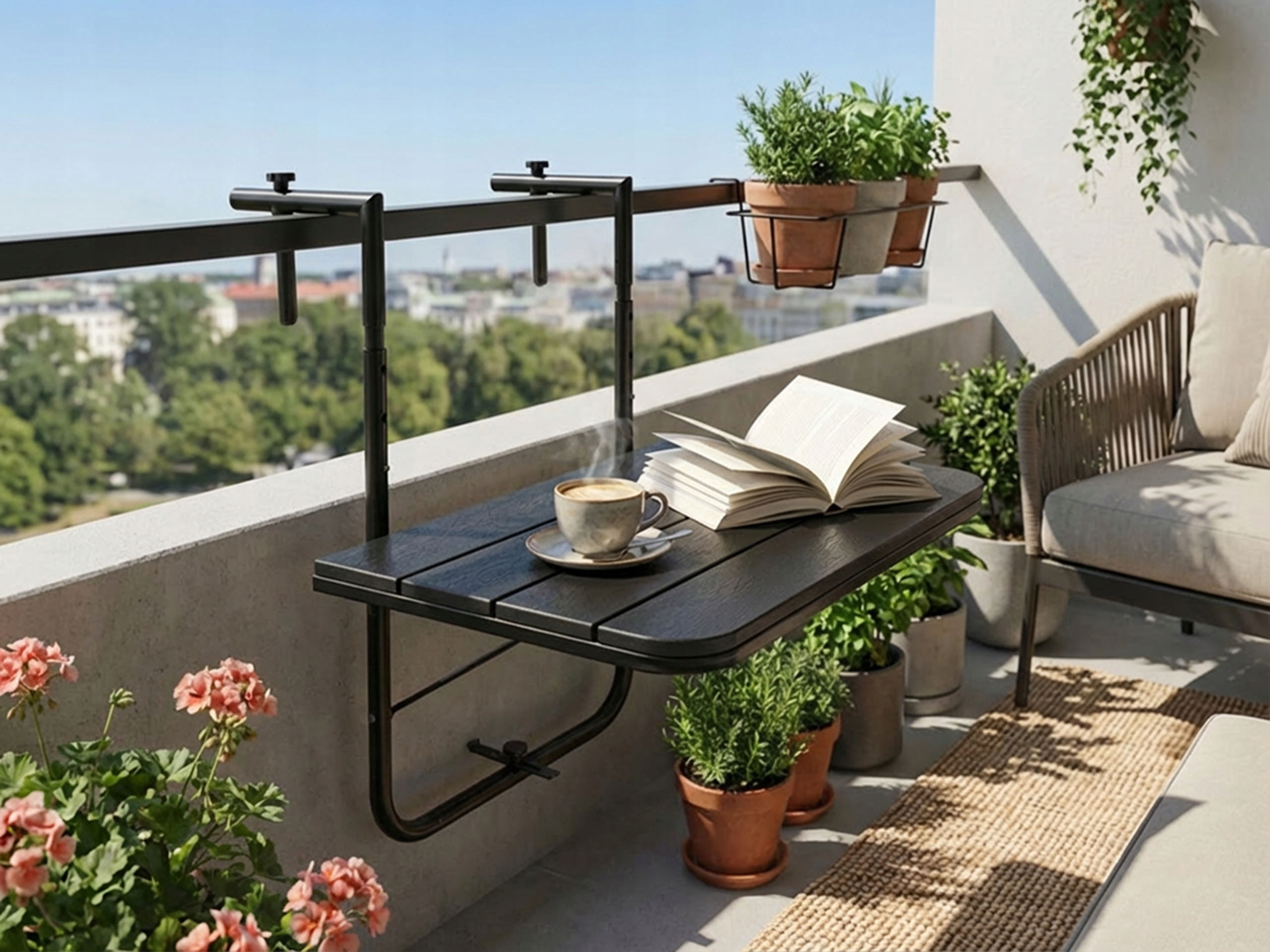 Balkonový Skládací Závěsný Stolek Aretto Černý, Nastavitelný Na Balkon Terasu