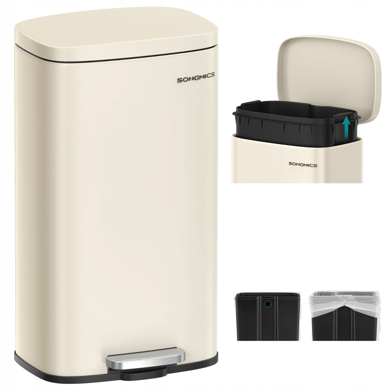 Béžový Odpadkový Koš s náplní 30 L do kuchyně kanceláře s velkým nožním otevíráním