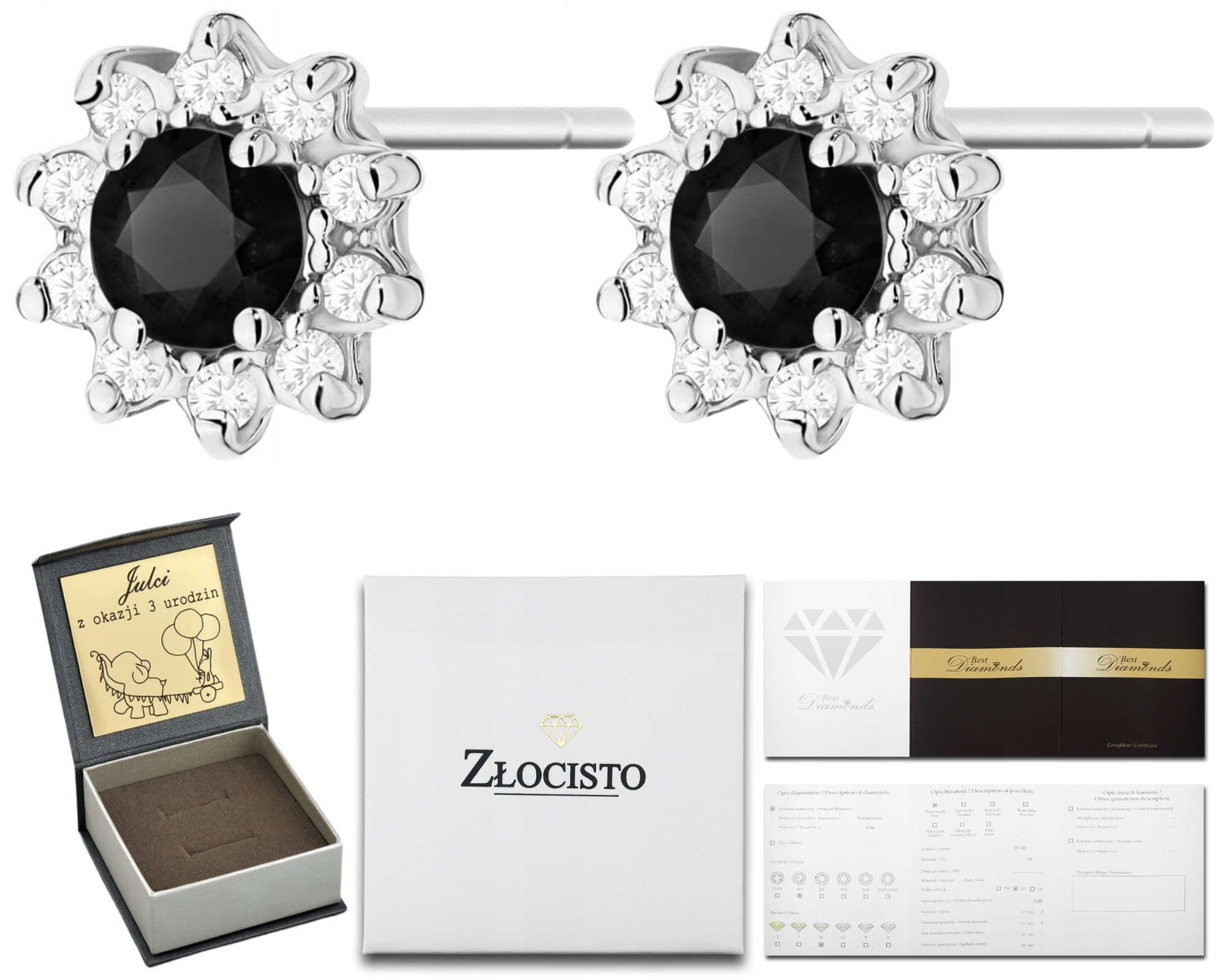 Náušnice z bílého zlata s černými diamanty, 585, 14K zlato, Gravírování Dárek