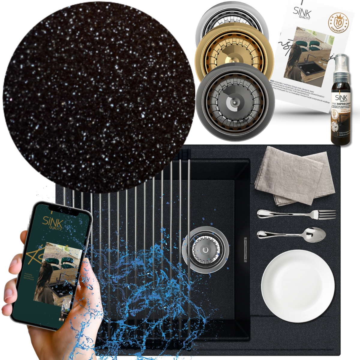 Granitový dřez Jednokomorový krátký, odkapávač, sifon Manuální Bonus