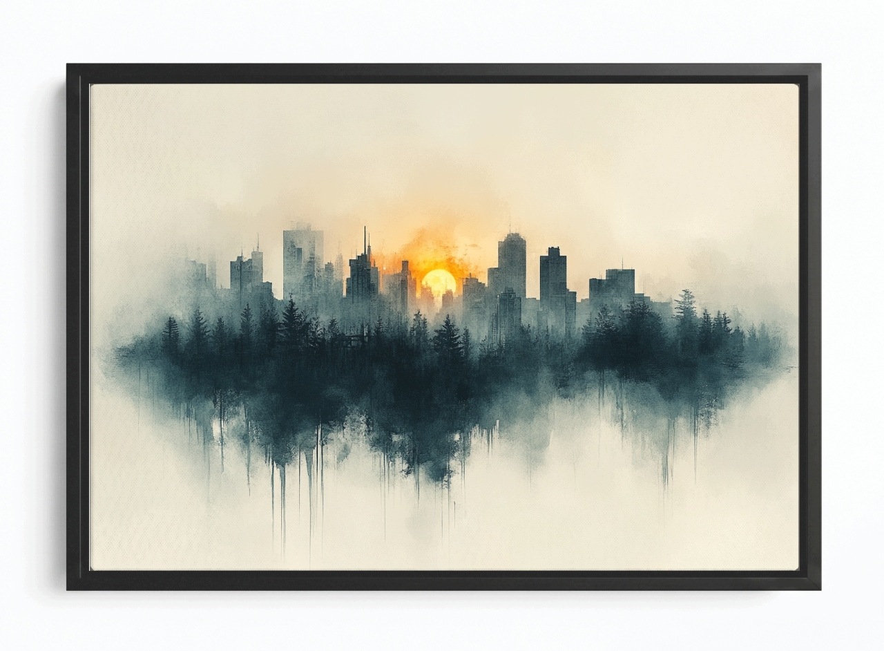 Obraz Rám Americký Box Grafika Město Panorama Slunce Les Akvarel 60x40