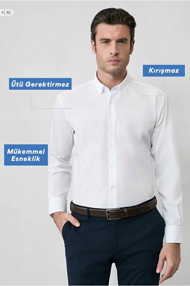 Hladká Bílá Ležérní Košile Z Elastického Materiálu XXL 5IA