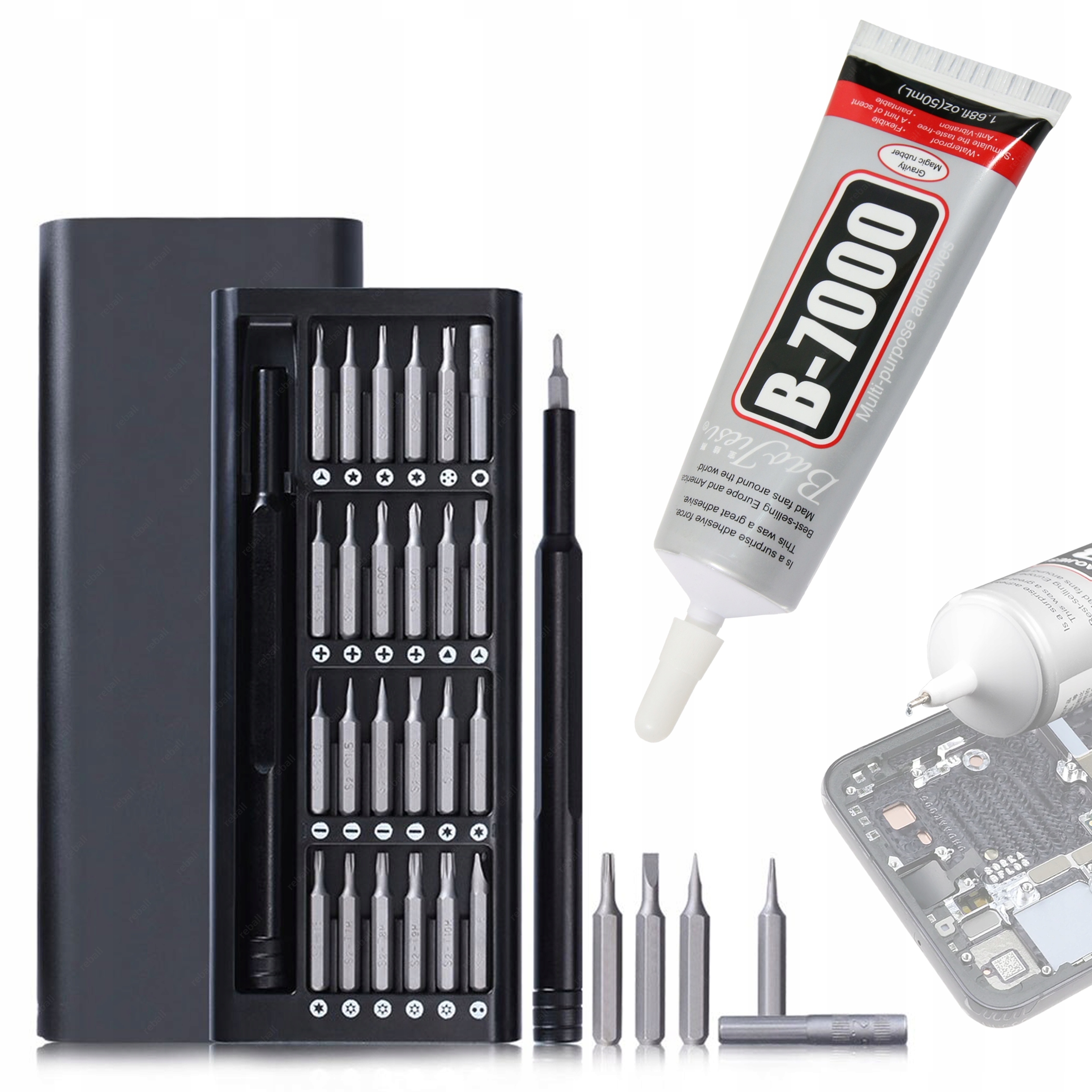 B7000 KLEJ DO WYŚWIETLACZA 50ml+ WKRĘTAKI BITY PENTALOBE 0,8 1,2 TRI WING