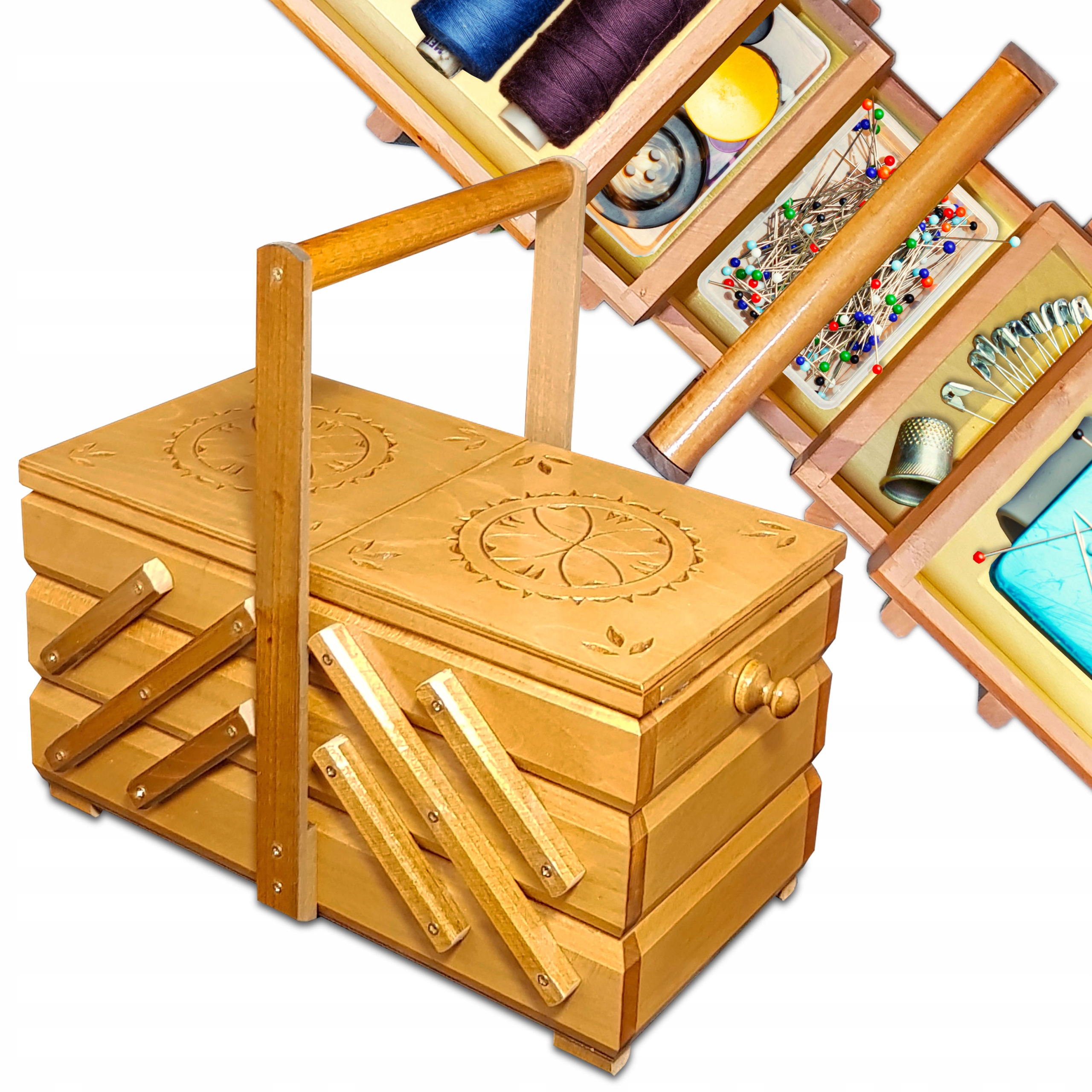 Niciarka Dřevěná Kufřík Zásobník na nitě Šicí potřeby Vyřezávaná Malá