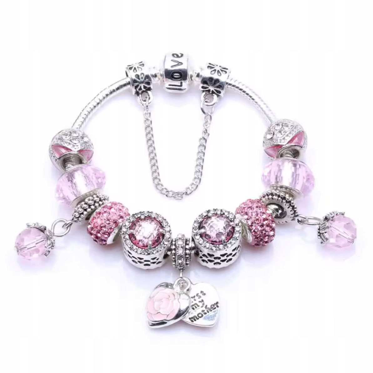 Stříbrný náramek Charms Beads Turmalín Zirkony Srdce Borůvky Květiny Láska