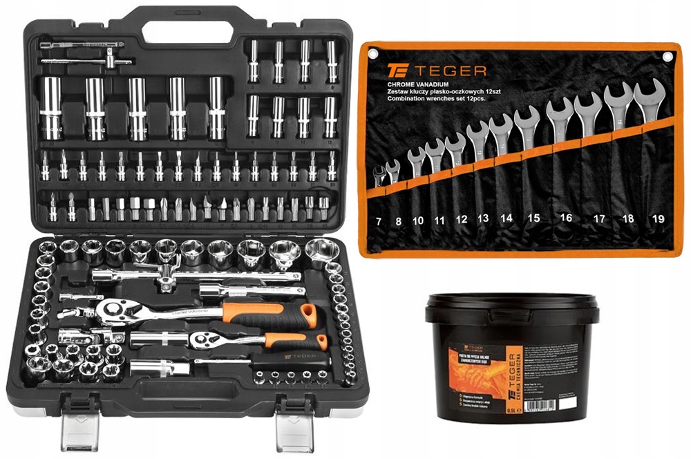 Zestaw kluczy nasadowych 1/2'' 1/4'' 108el TEGER + klucze płasko-oczkowe