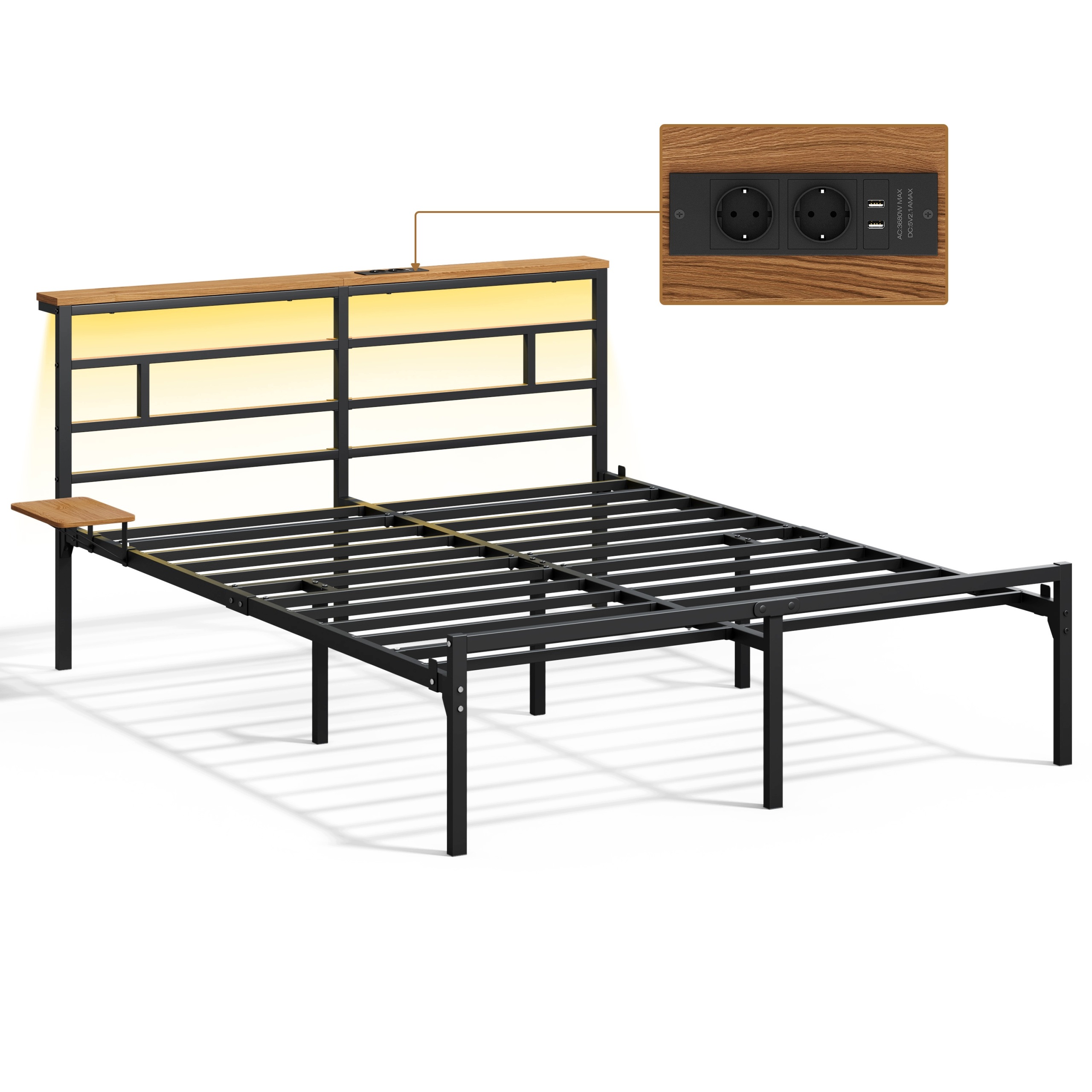 Rama Łóżka ze Stelażem z Metalu 160x200cm Led 2 Gniazda Usb Podwójne Łóżko