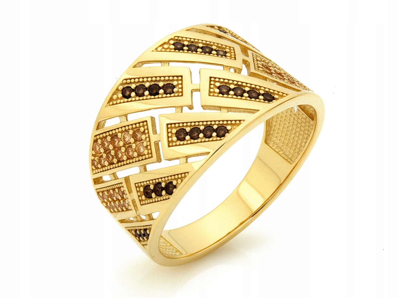 Široký zlatý prstýnek 585 s Hnědými zirkony 3.95g r20