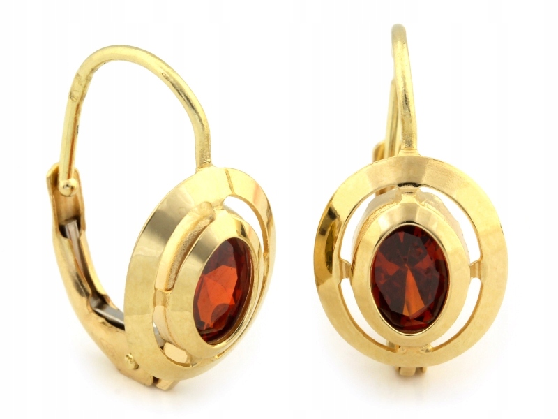 Zlaté náušnice 585 červené s kamenem v oválném rámu, anglické zapínání