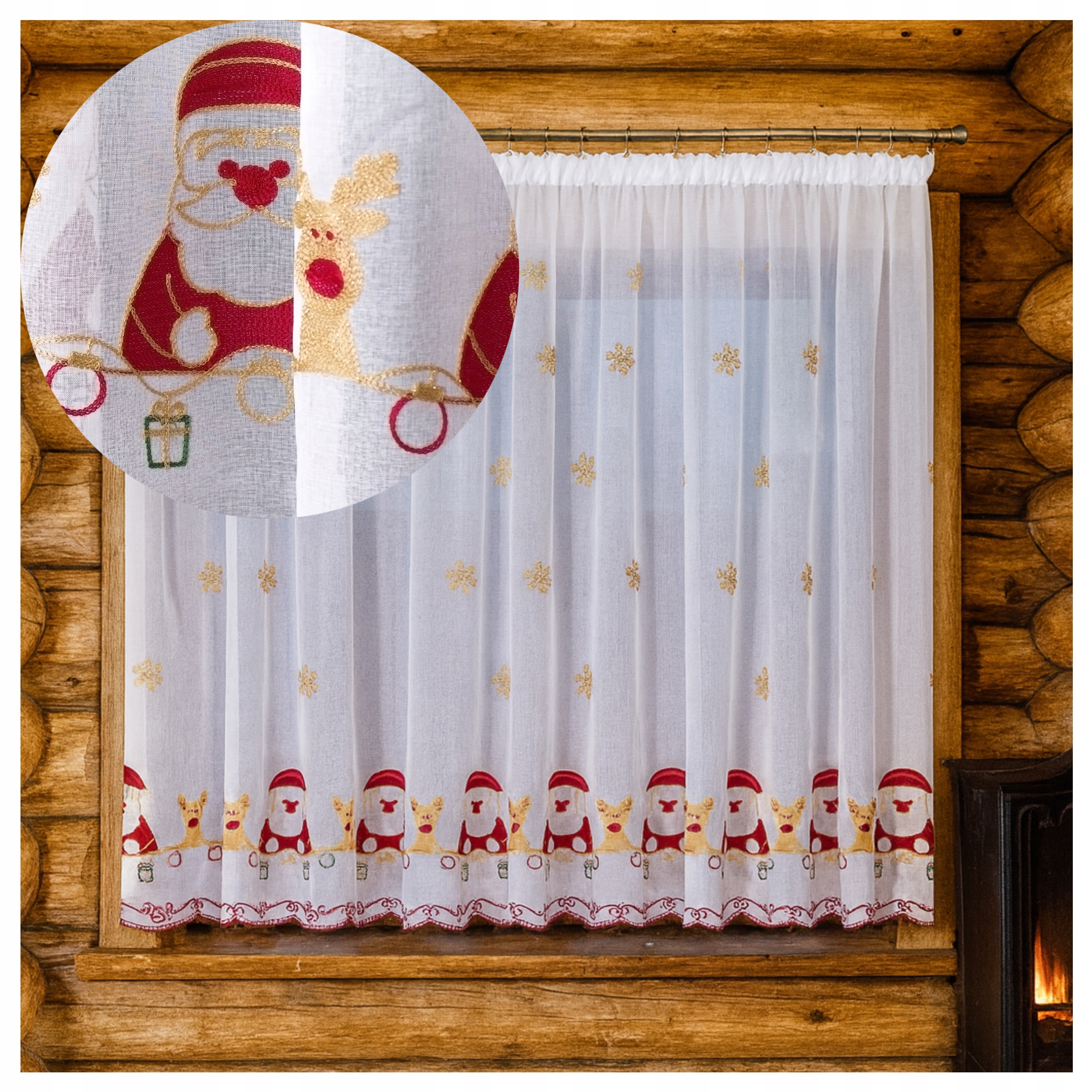 Vánoční hotová záclona vyšívaná Mikulášští sobi sněhové vločky 200 x 280 cm