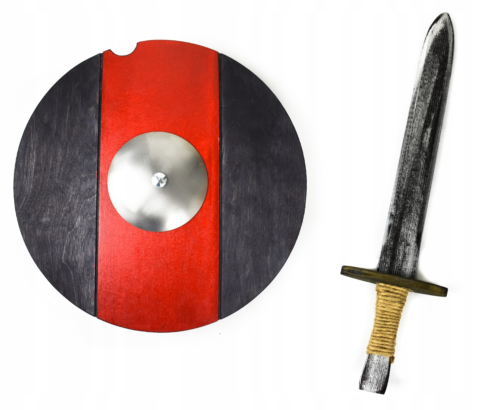 ZESTAW RYCERZ MIECZ TARCZA OKRĄGŁA DREWNIANA RYCERZA KOSTIUM PRZEBRANIE