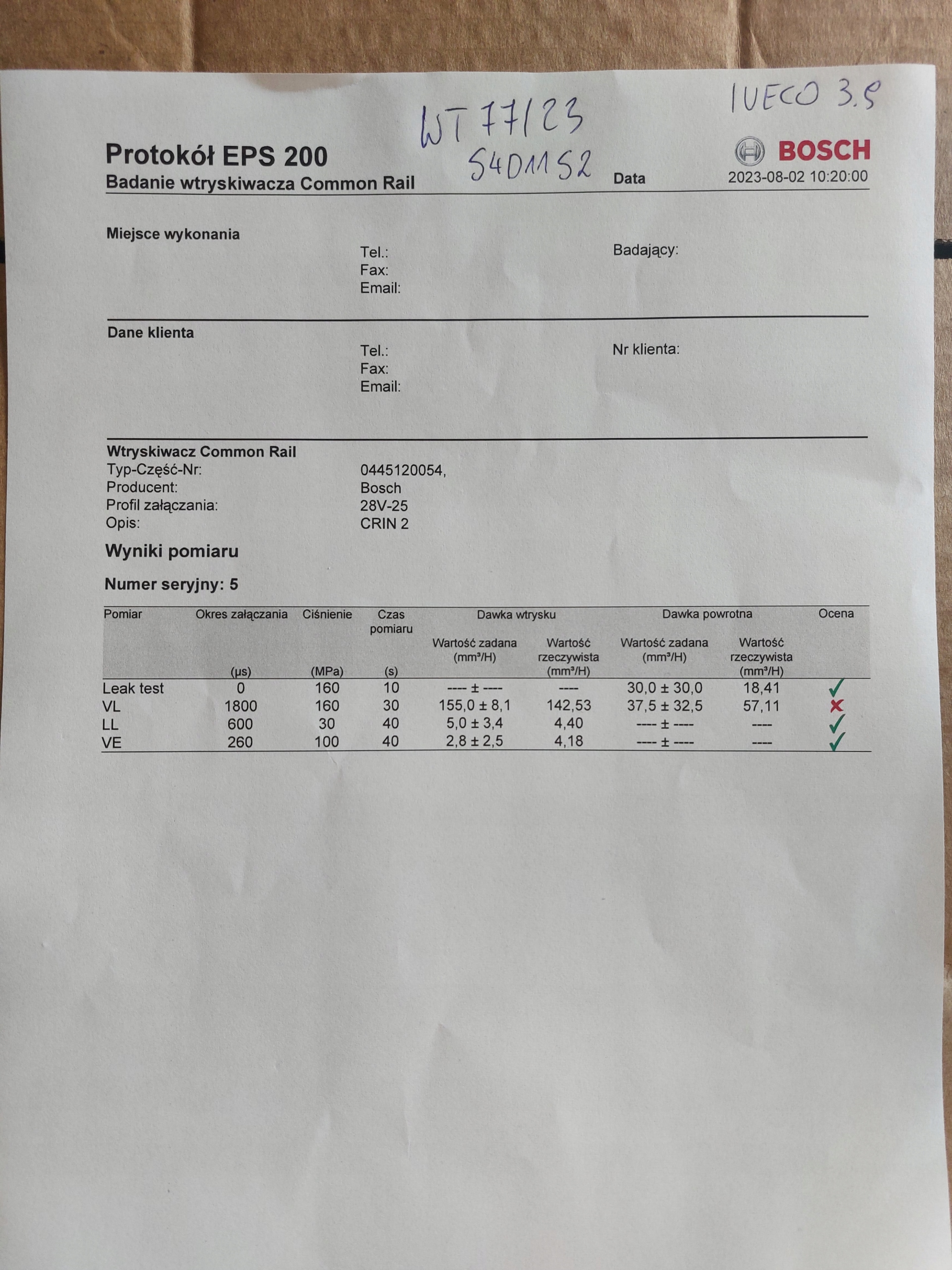 injector IVECO 3.9L BOSCH 0445120054 WYDRUK
