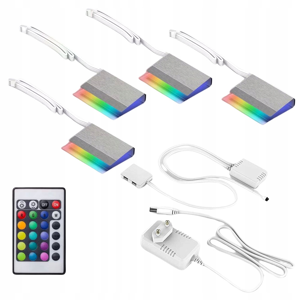 4x Klipsy LED RGB do Półek szklanych Witryn Pilot Ściemnialne Zmienny kolor