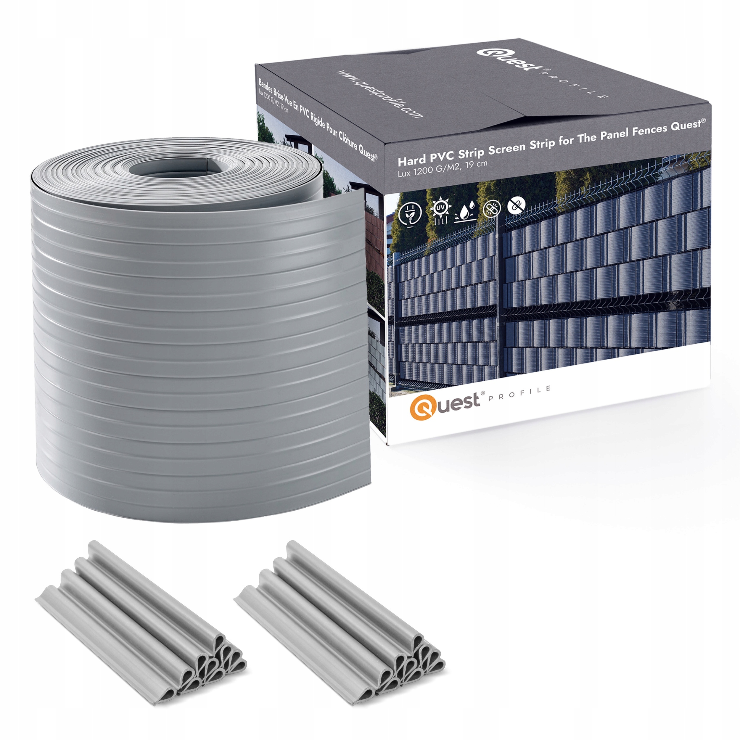 Stínící panelové pásy, 900 g/m2, silná, anti Uv, šedá, 26 m klipy 20 ks