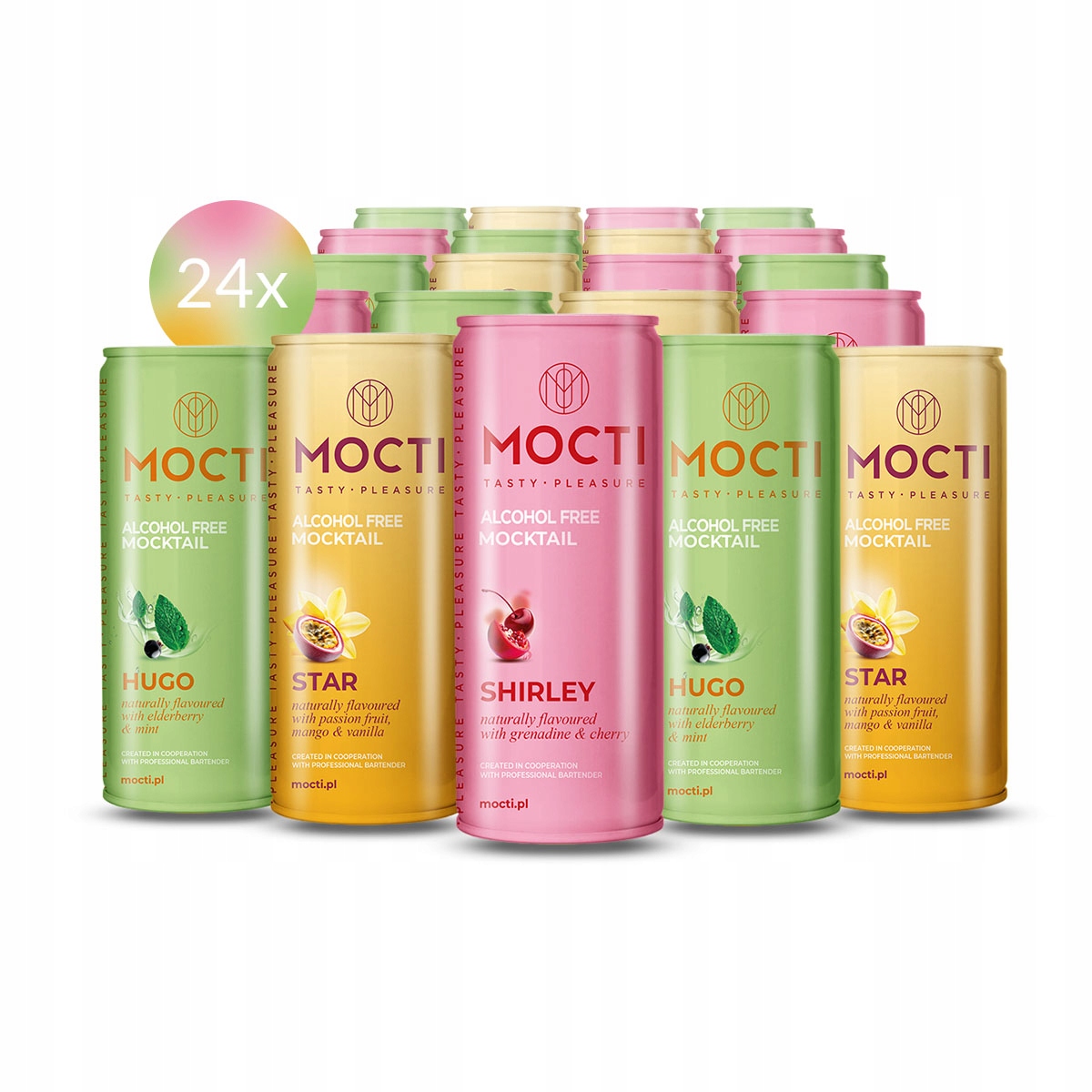 Levně Mocti Mix nealkoholických mocktailů: 8ks Hugo; 8ks Shirley; 8ks Star