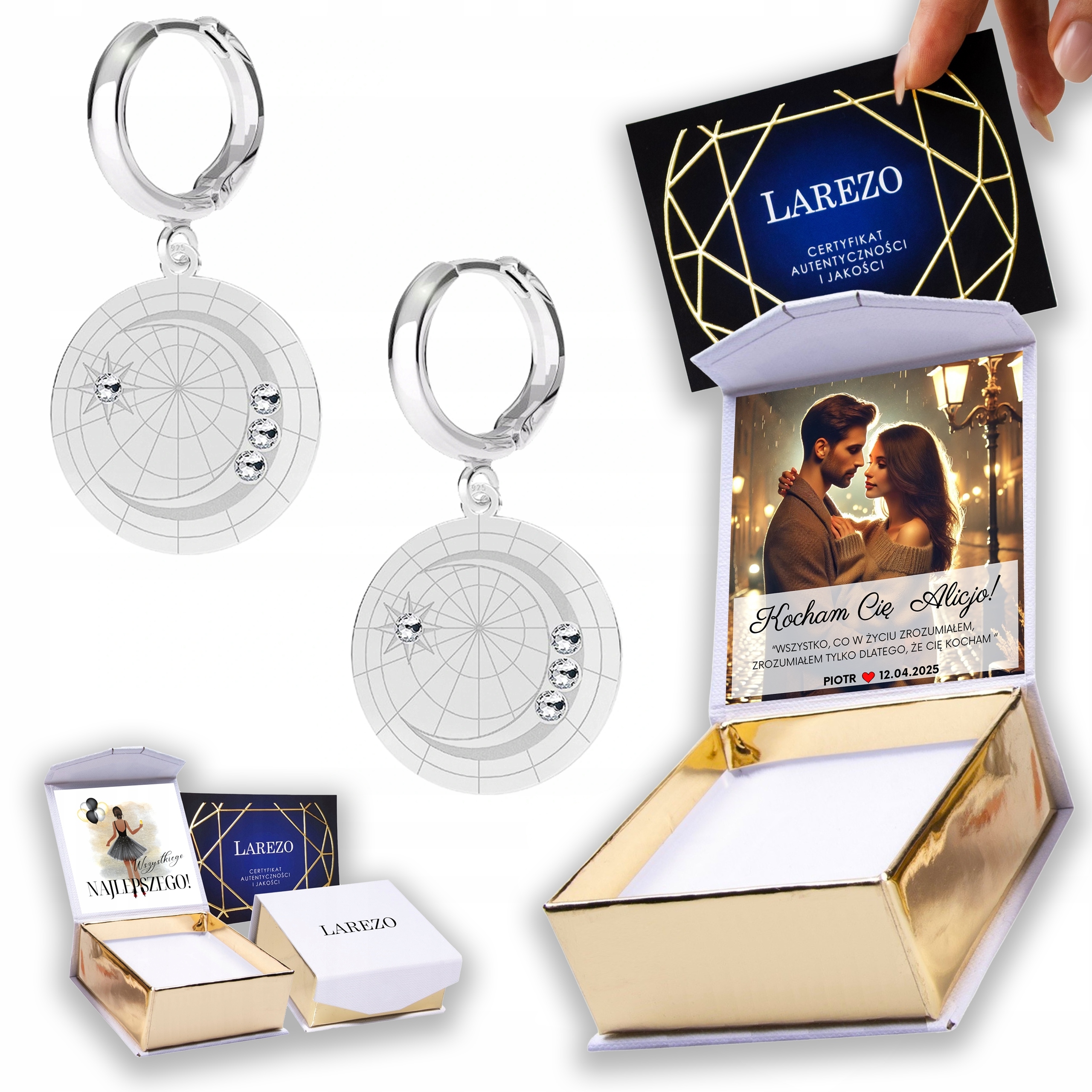 Stříbrné Náušnice 925 s půlměsícem Měsíc Zirkony Potisk