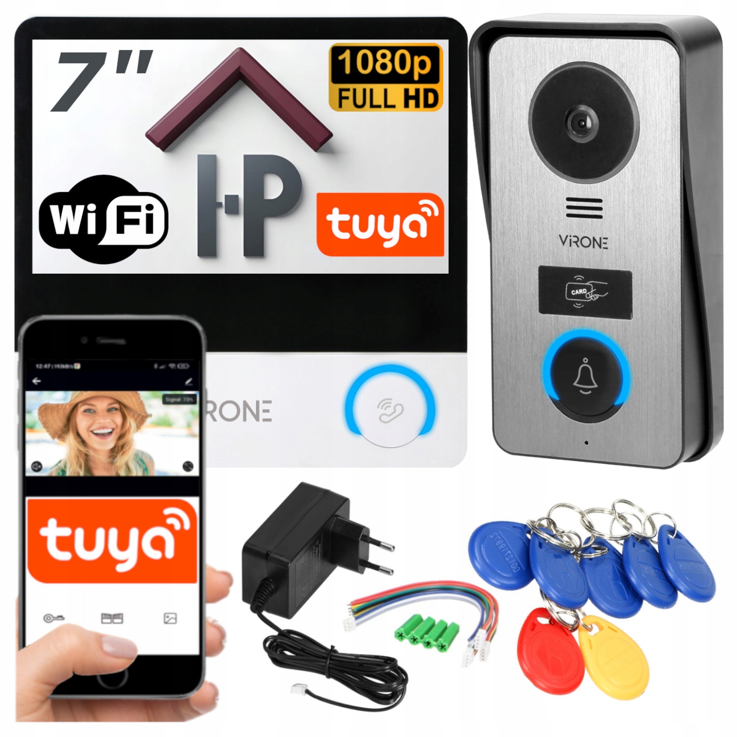 Wideodomofon WiFi Domofon Full Hd Czytnik Breloki Brama 7" Aplikacja Tuya